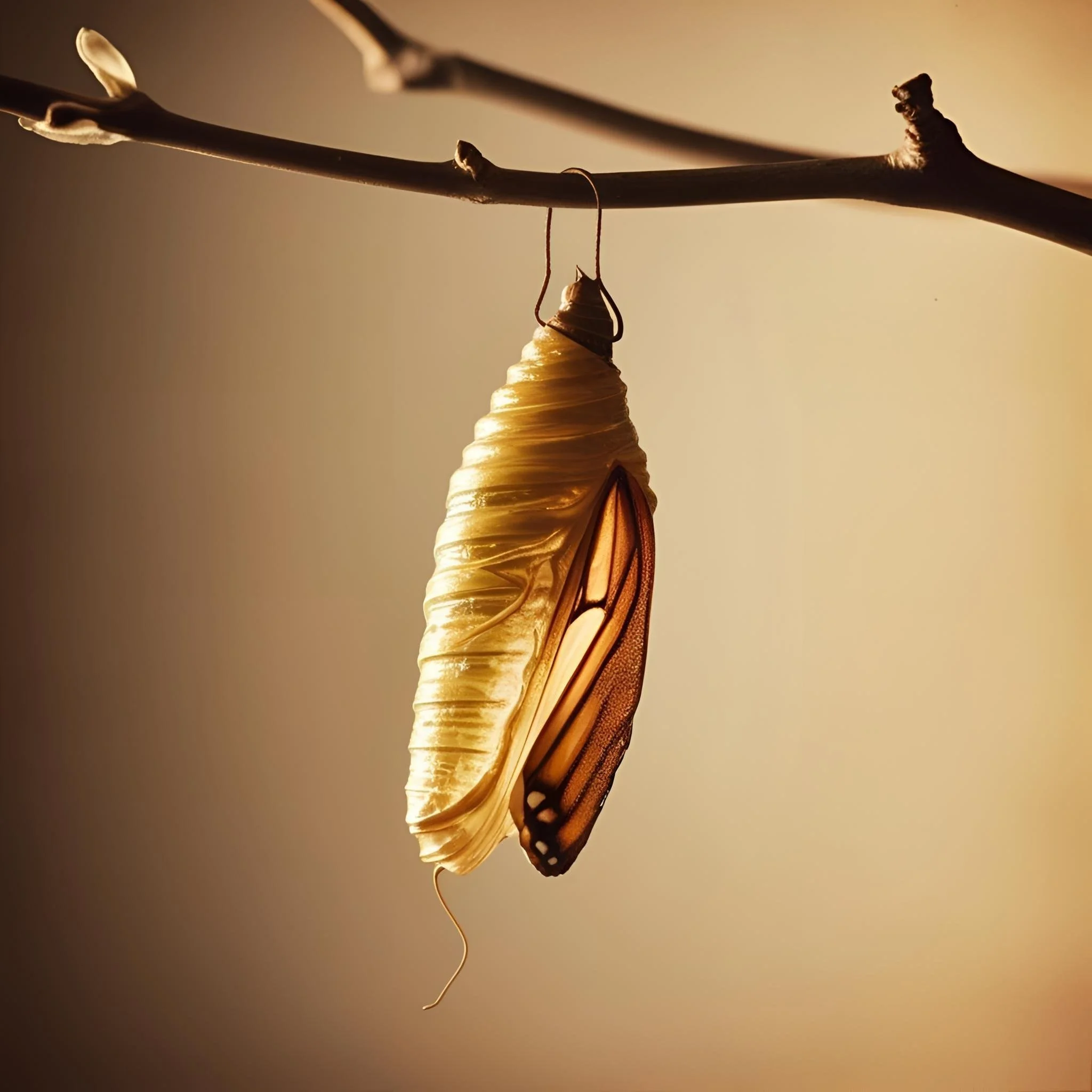 A butterfly emerging from a chrysalis hanging on a thin branch against a soft, warm background.