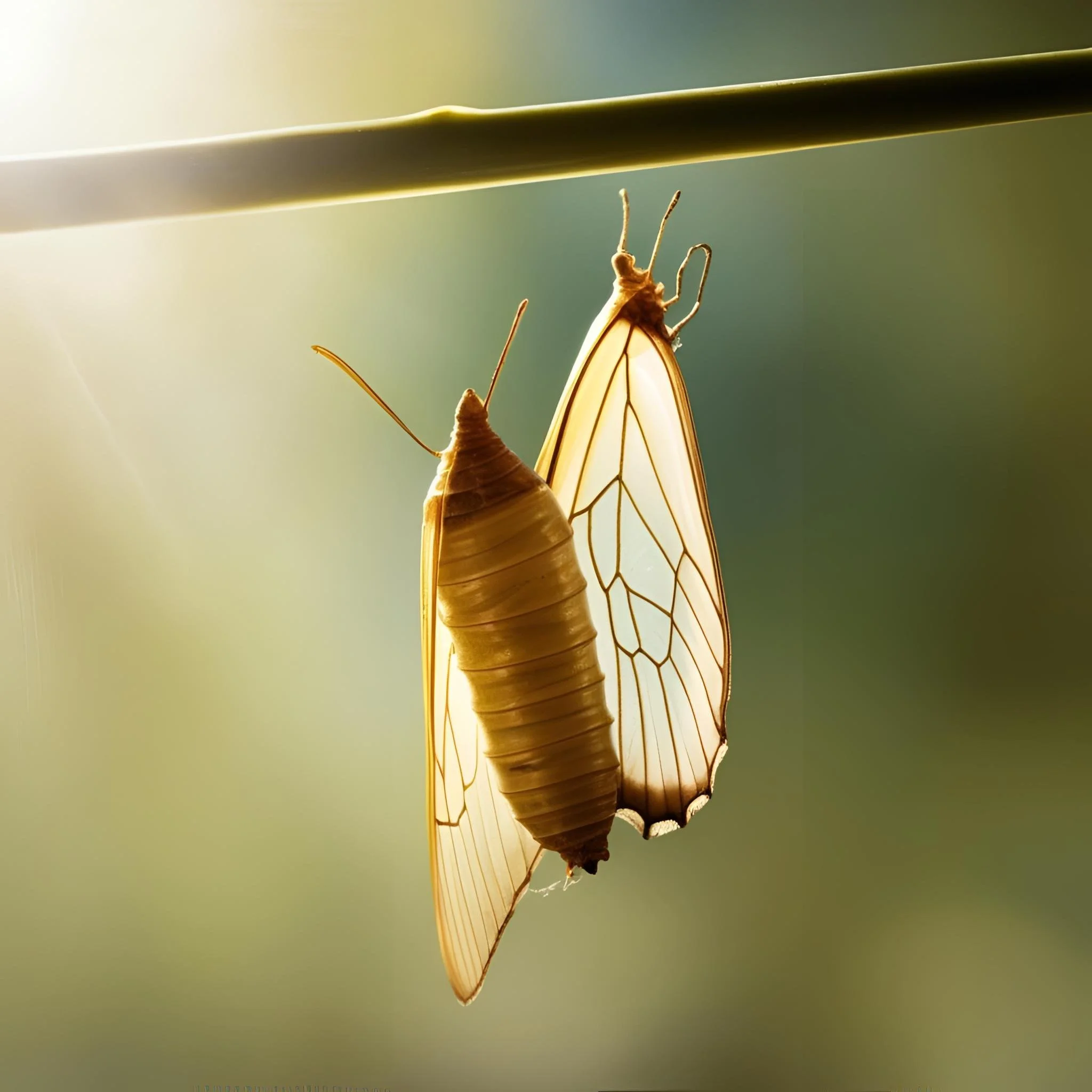 A newly emerged butterfly hangs from a thin branch, with its wings partially open, illuminated softly by sunlight.