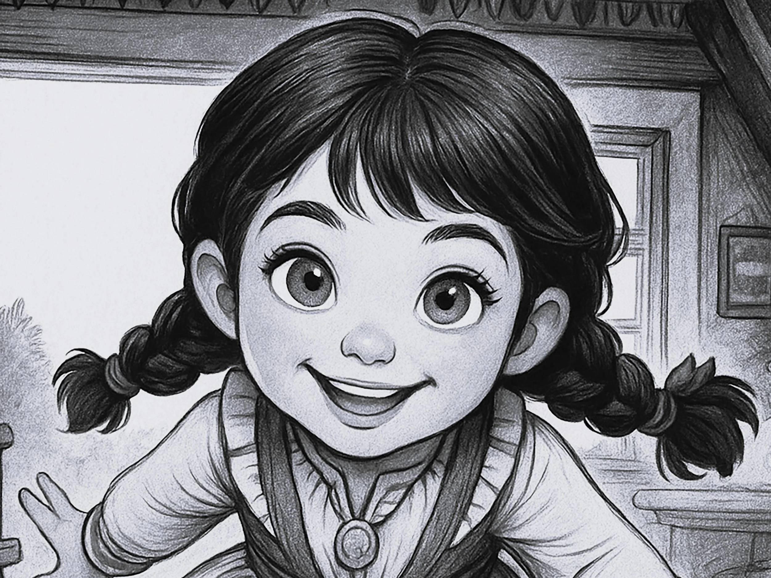 Black and white drawing of a young girl with large expressive eyes, smiling, with braided hair and a jacket.