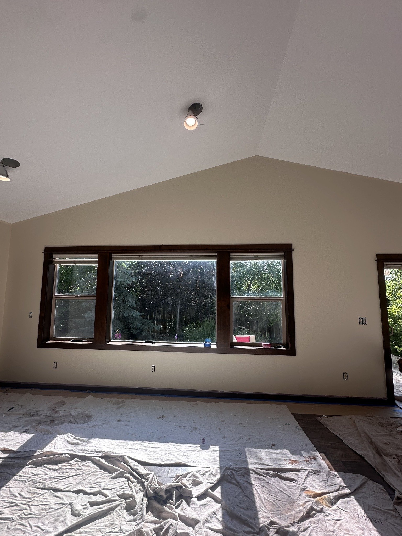 Interior painting project with light walls, a vaulted white ceiling, a wide window, and floor coverings.