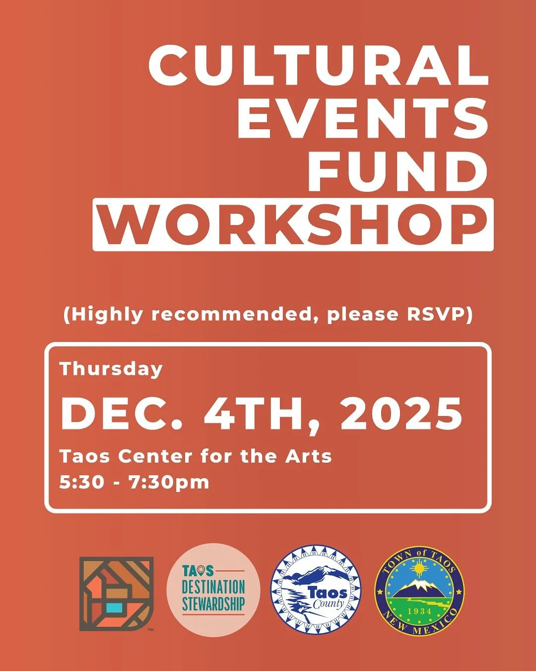 Join us Thursday, December 4th to chat about and learn more about how you can get funds for your next cultural event in Taos County. We will serve dinner at 5pm before the workshop begins, so please RSVP ahead of time. For anyone that can&rsquo;t mak