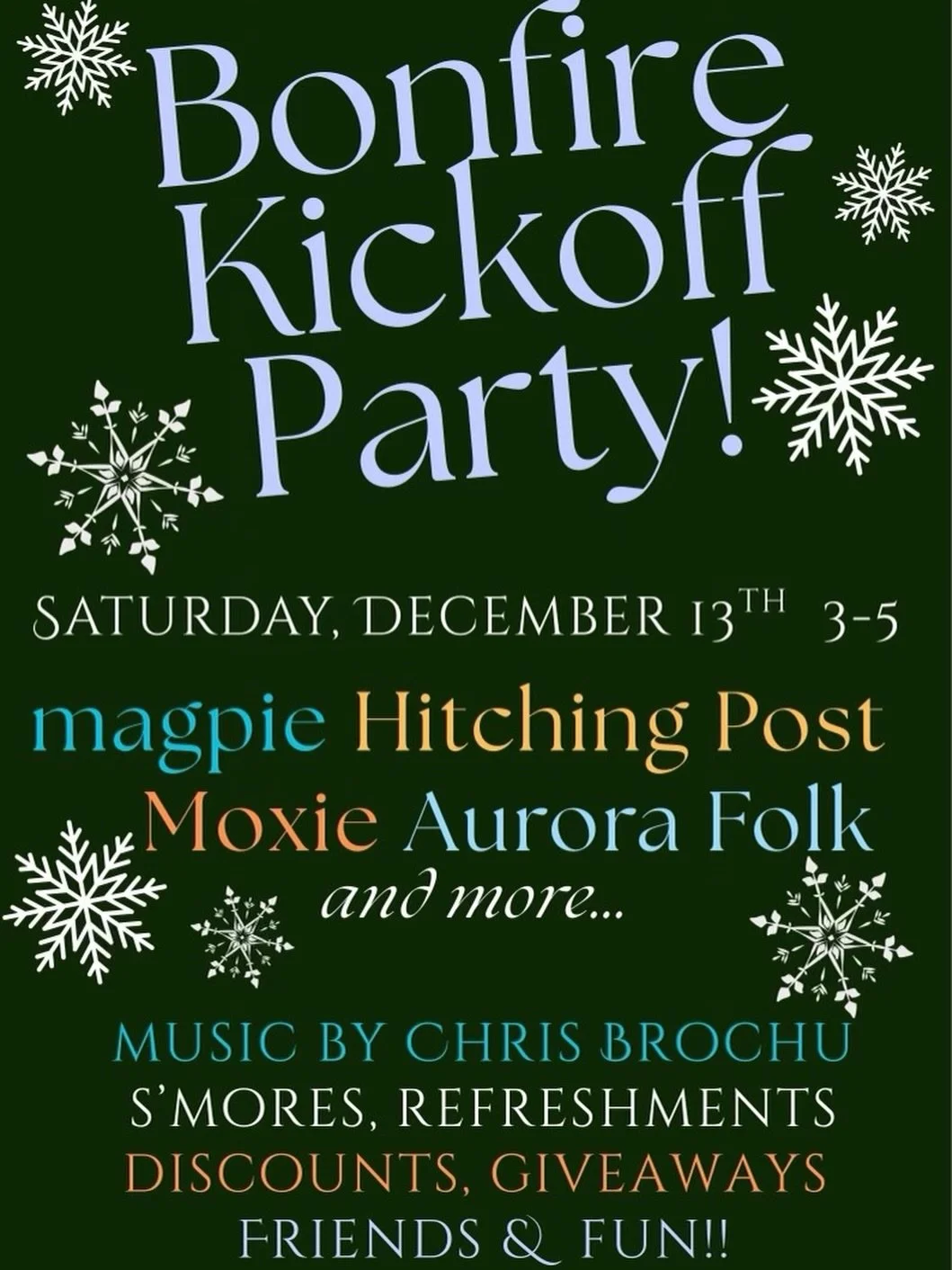 Bonfires in Bent St. is expanding to be a festive night all around the Historic Downtown District. Stop by for the Bonfire Kickoff Party, December 13th 3-5pm, for good music, yummy snacks, and great company with @magpietaos @hitchingpostshaveco @taos