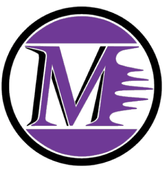 A logo with a purple letter 'M' and stylized lines extending from the right side, inside a black circular border.