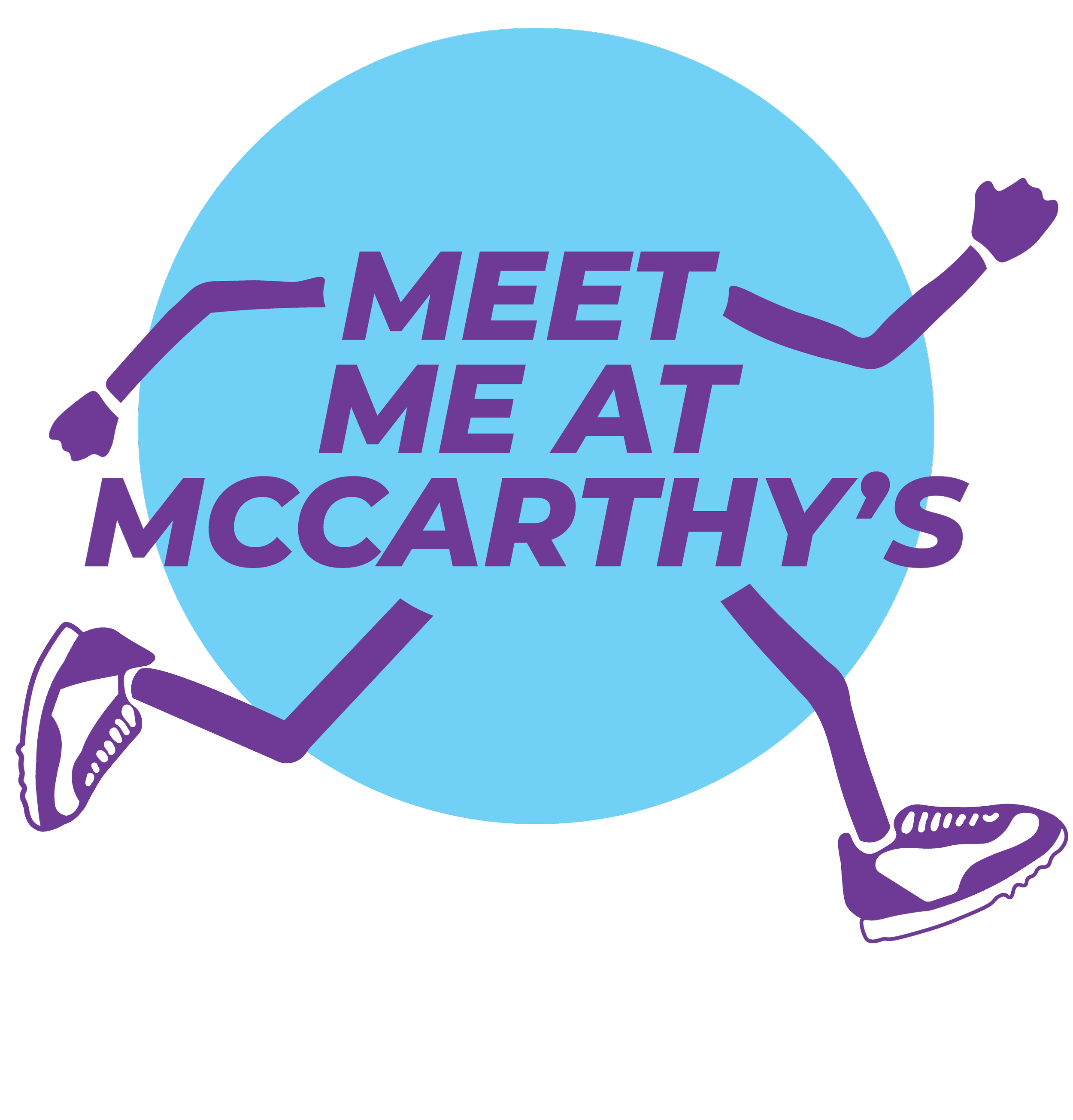A circular graphic with a blue background featuring a purple outline of a person with hands raised, and purple text in the center that says 'Meet Me At McCarthy's'.