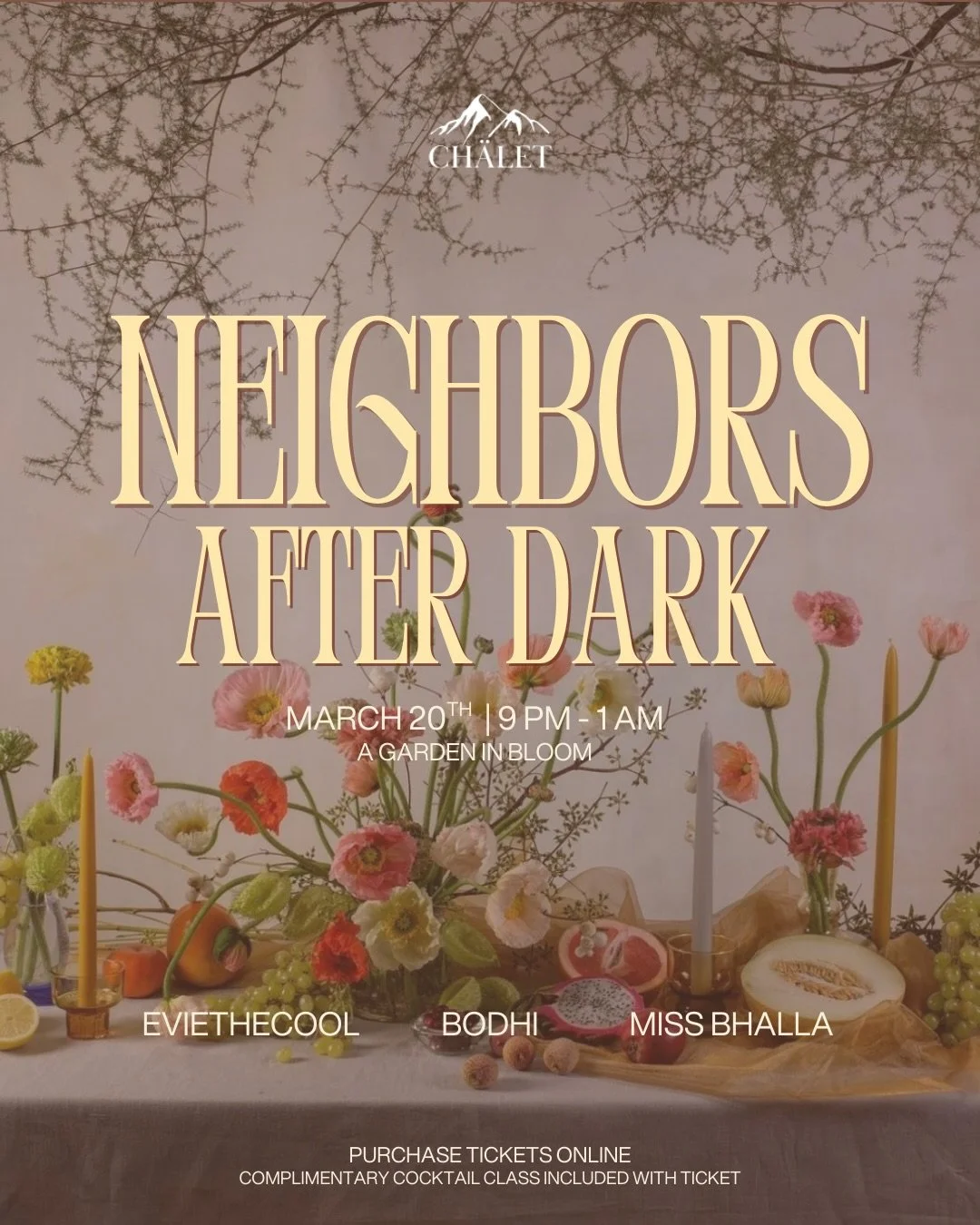 Garden in Bloom is our spring edition of Neighbors After Dark and we are stepping into the light together 🌞. Longer days, fresh fits, intentional connections, and a seasonal cocktail class from 9:00 pm - 9:45 pm!

Dress code: fits that feel like spr