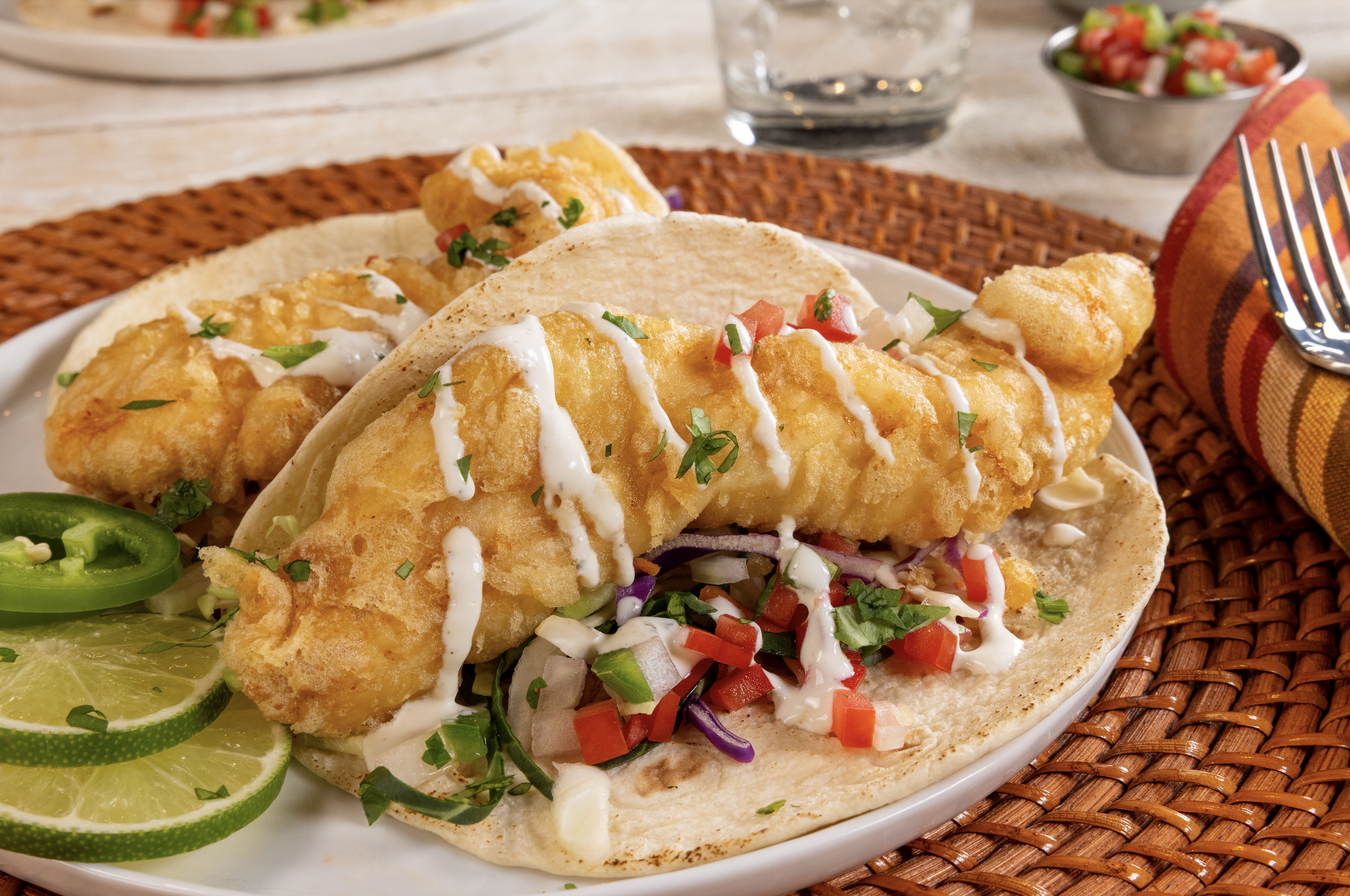 Authentic Tempura Batter Mix on Crispy Fish Tacos, demonstrating a light coating for Commercial Kitchen frying