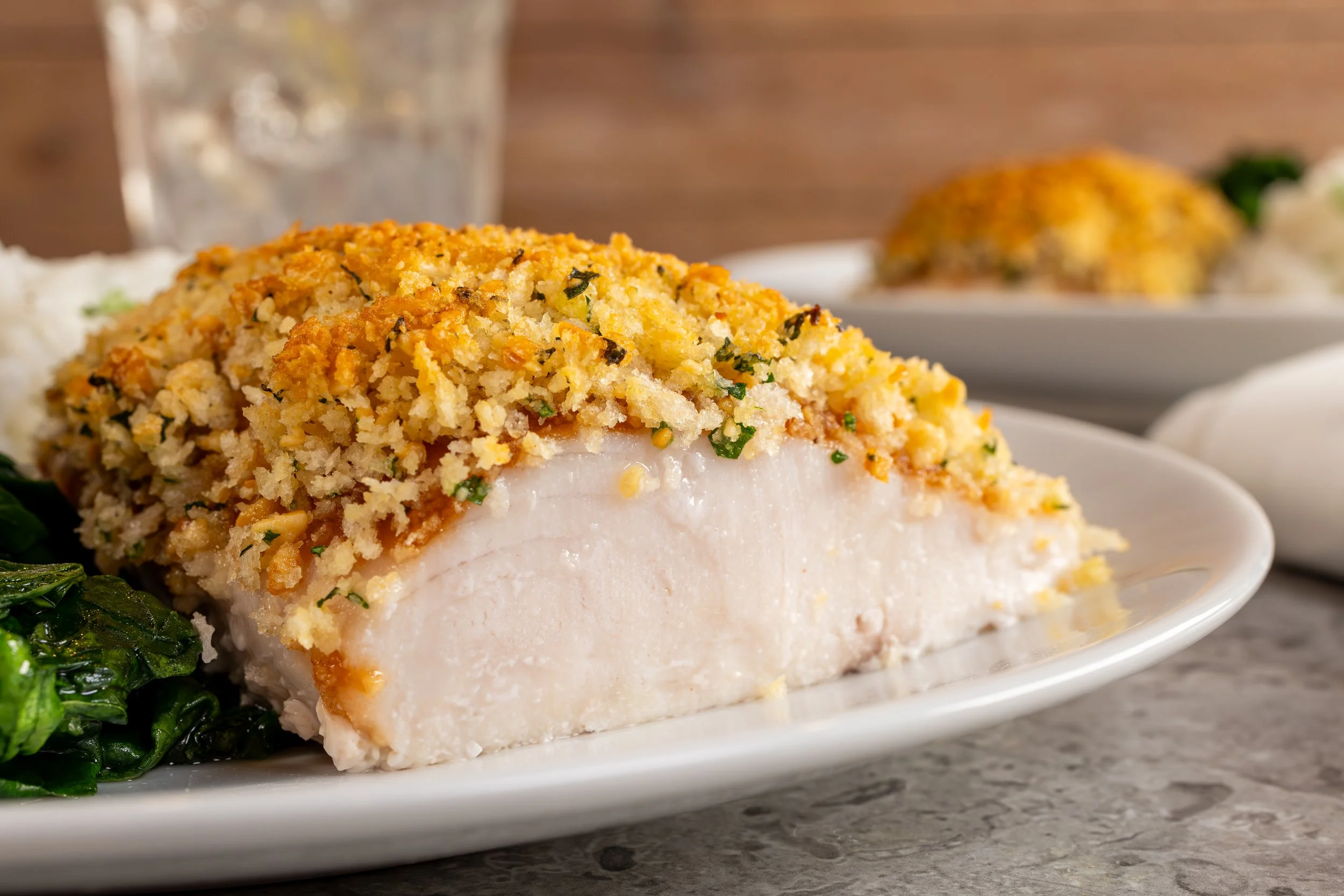 Authentic Panko and peanut crust on Mahi Mahi, showcasing the superior adhesion and crispness for fusion foodservice menu items
