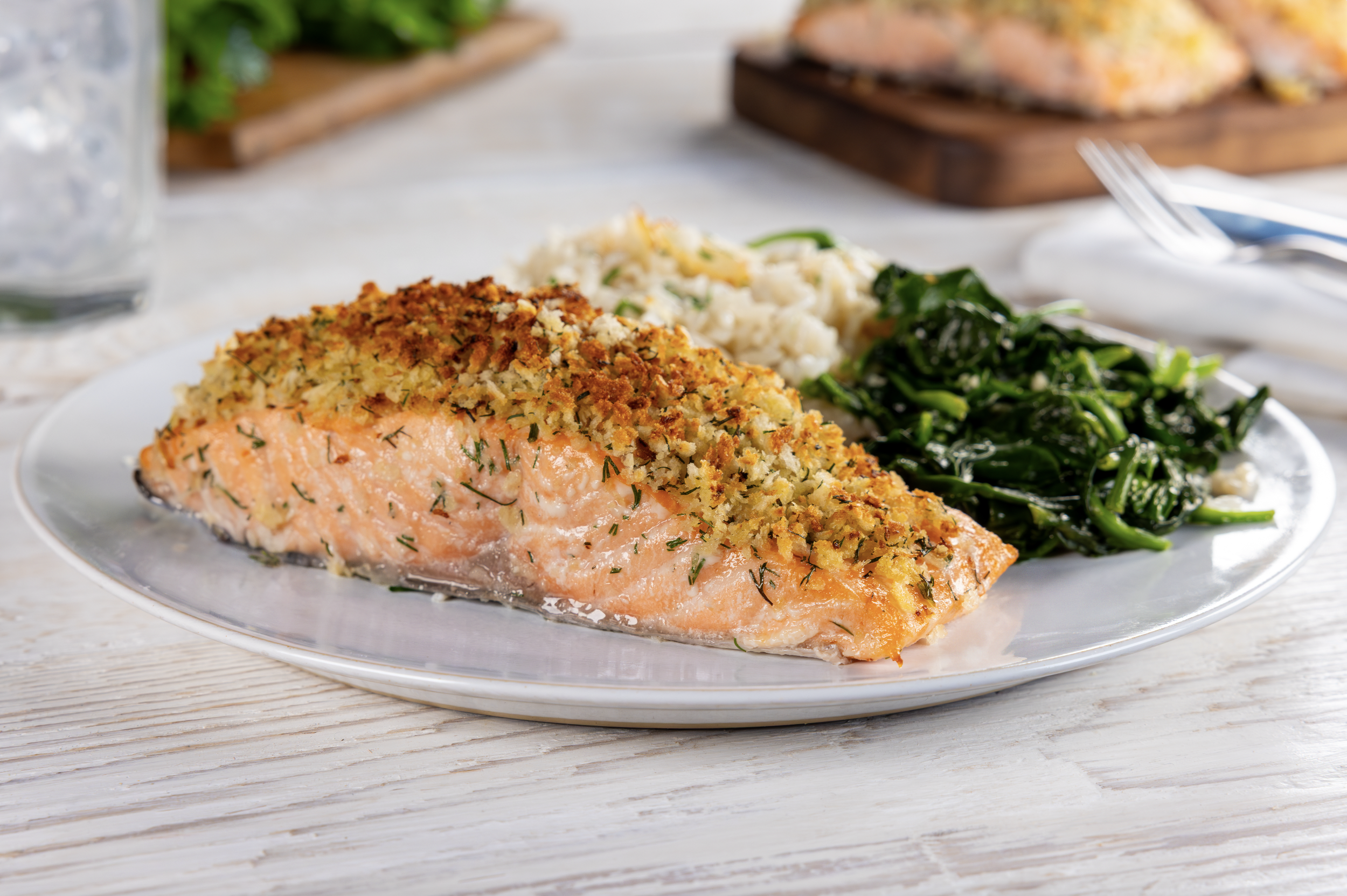 Premium Panko breading baked onto salmon fillet, demonstrating superior crispness and texture retention for Non-Fried Commercial Recipes