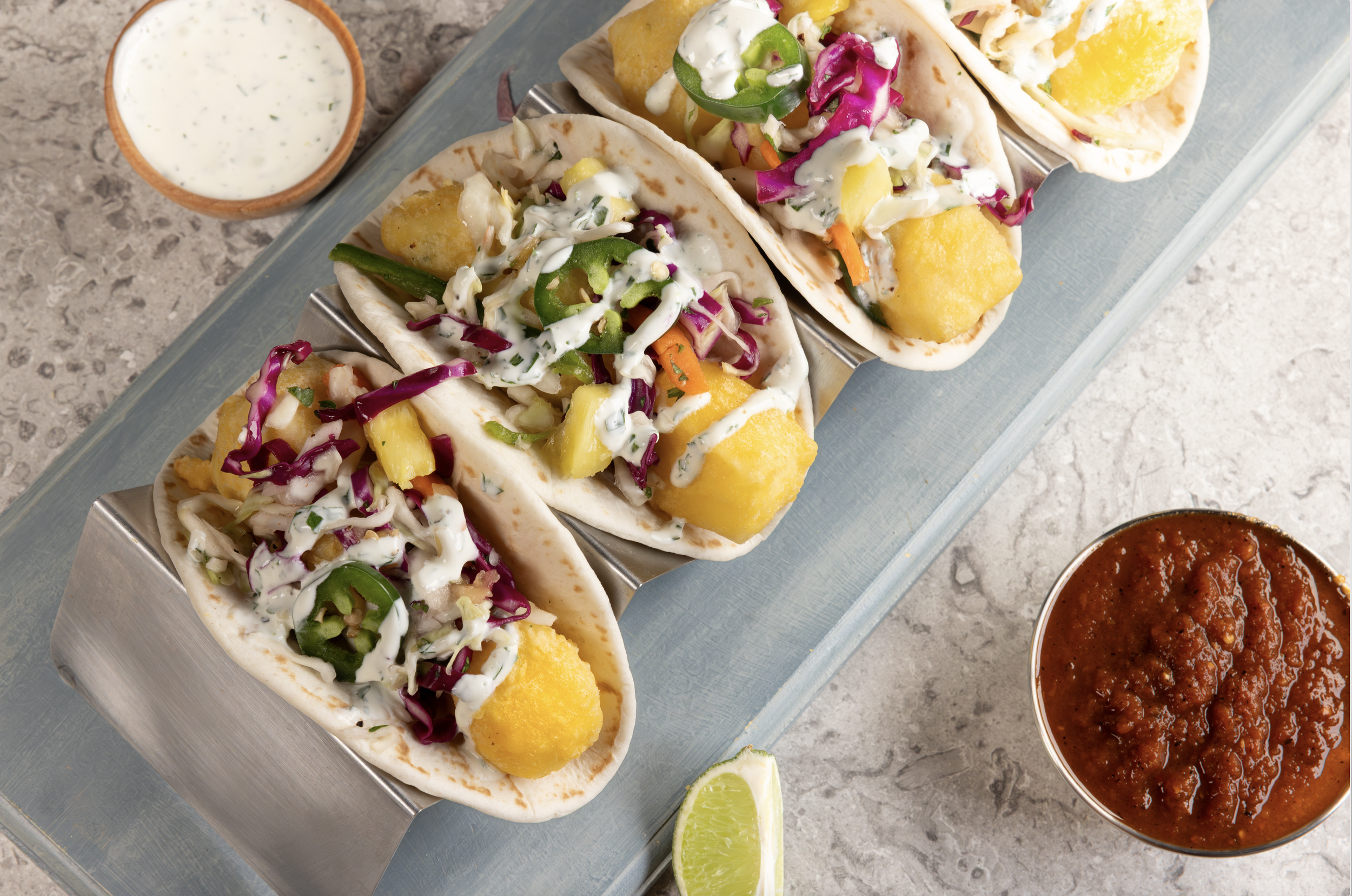Seasoned All-Purpose Batter Mix ensuring Consistent Crispness and golden color for Battered Fish Tacos in a high-volume foodservice environment