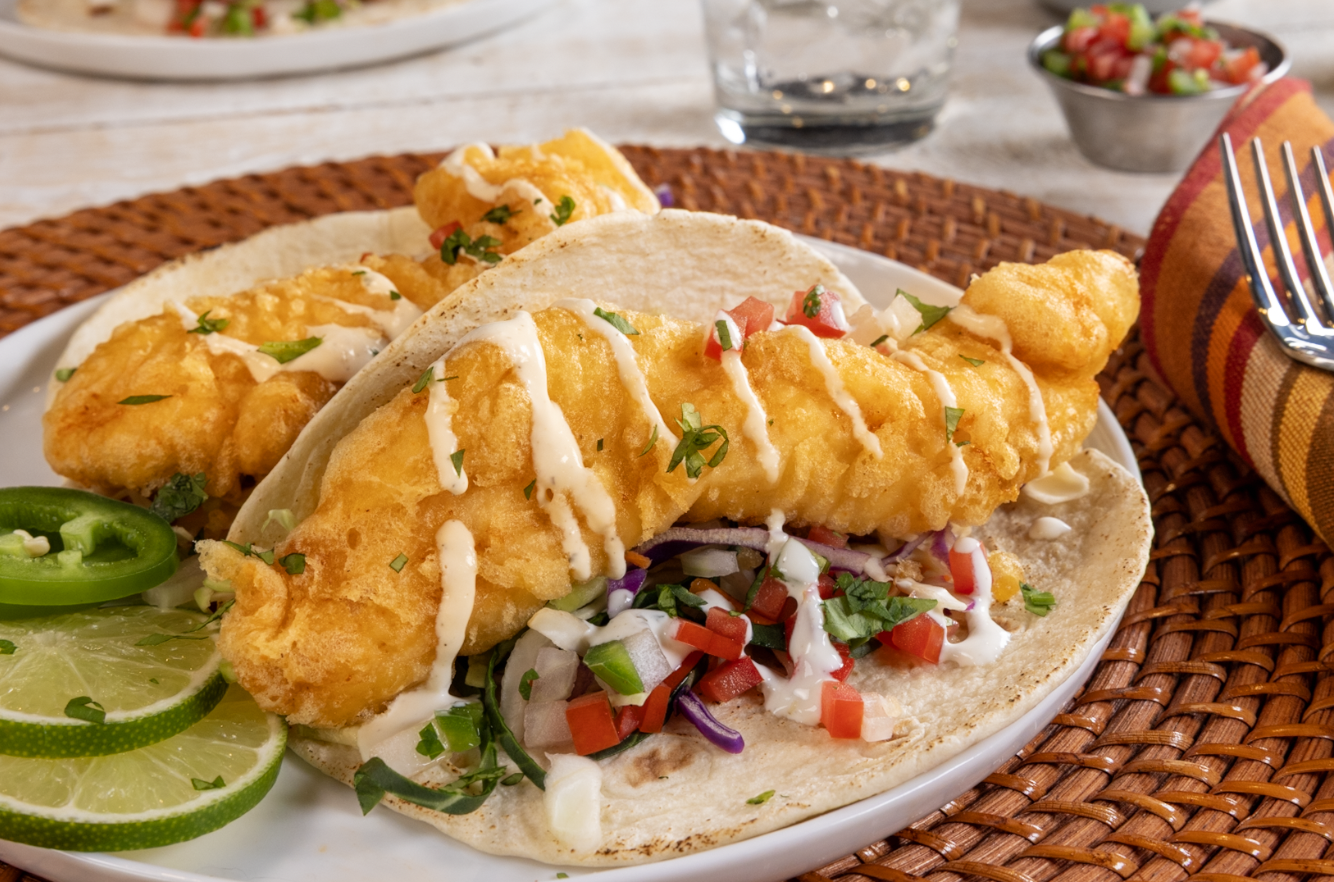 Extra Crispy Tempura Batter Mix on Baja Style Chicken Tacos, highlighting the light texture for on-trend foodservice menus