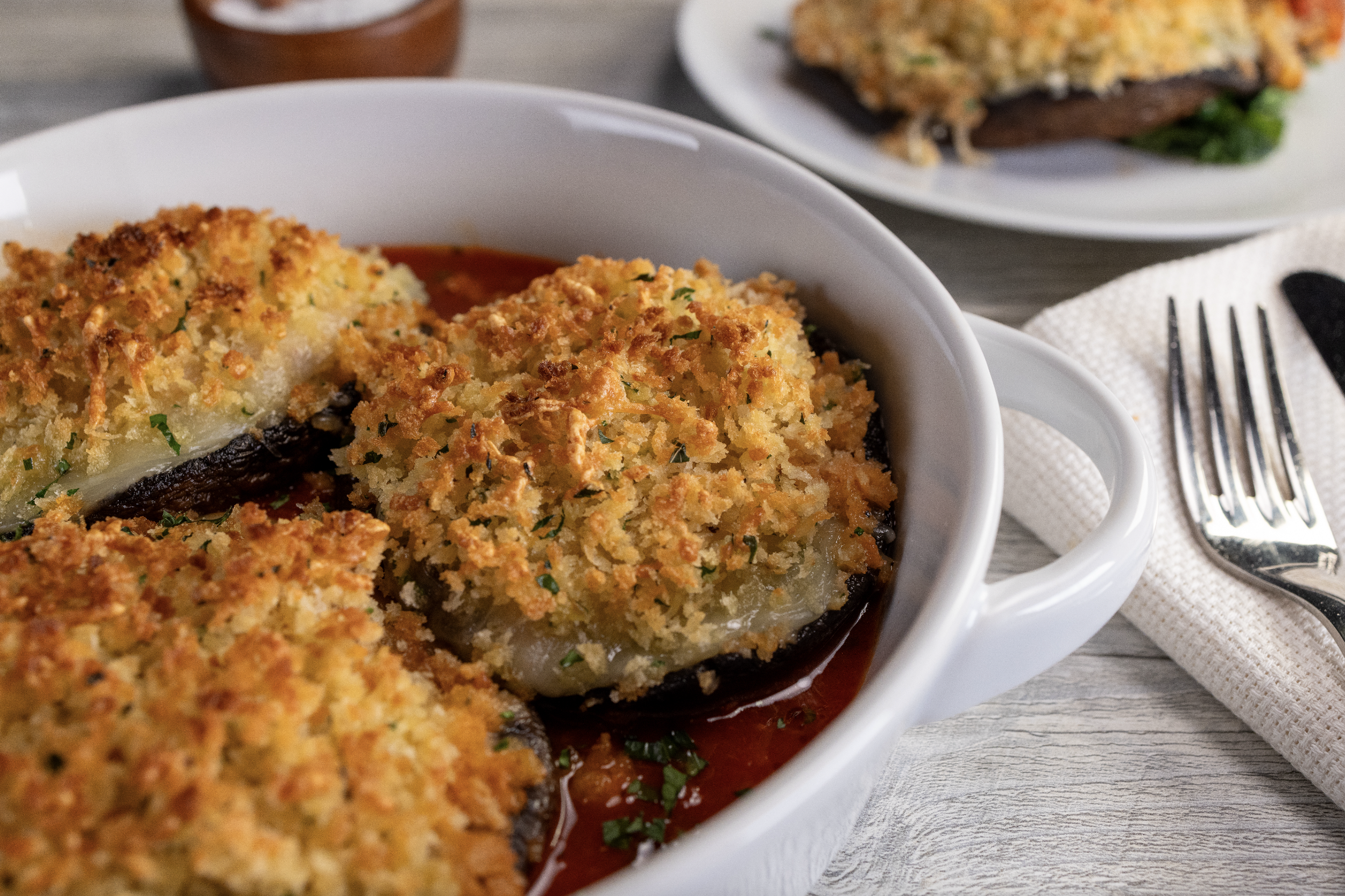 Authentic Japanese Panko crusted on Stuffed Portobello Mushrooms, a premium Vegetarian Menu Item for Restaurant Supply
