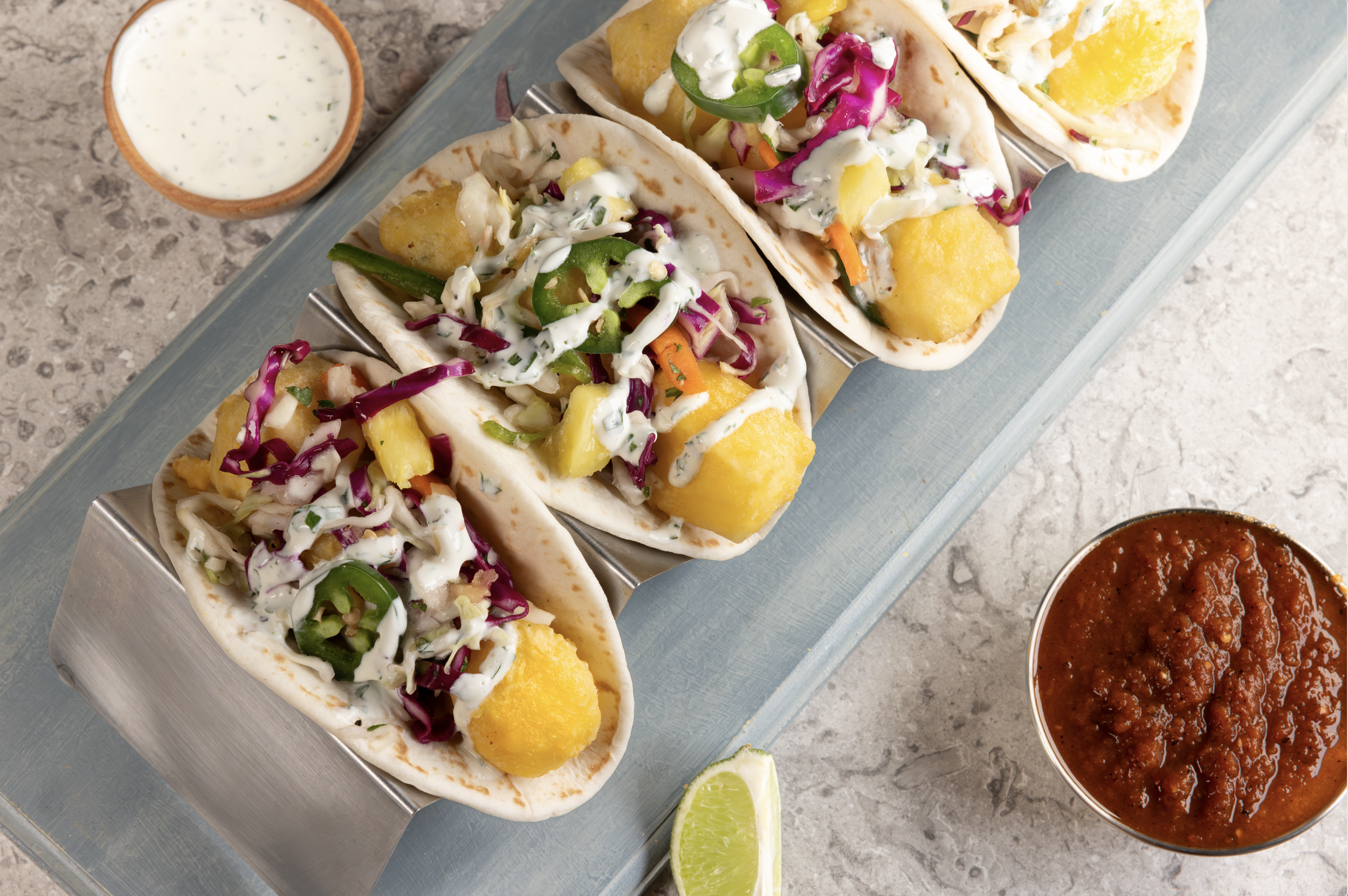 Extra Crispy Tempura coating used in a modern taco presentation, ideal for Foodservice Menu Development and Visual Appeal