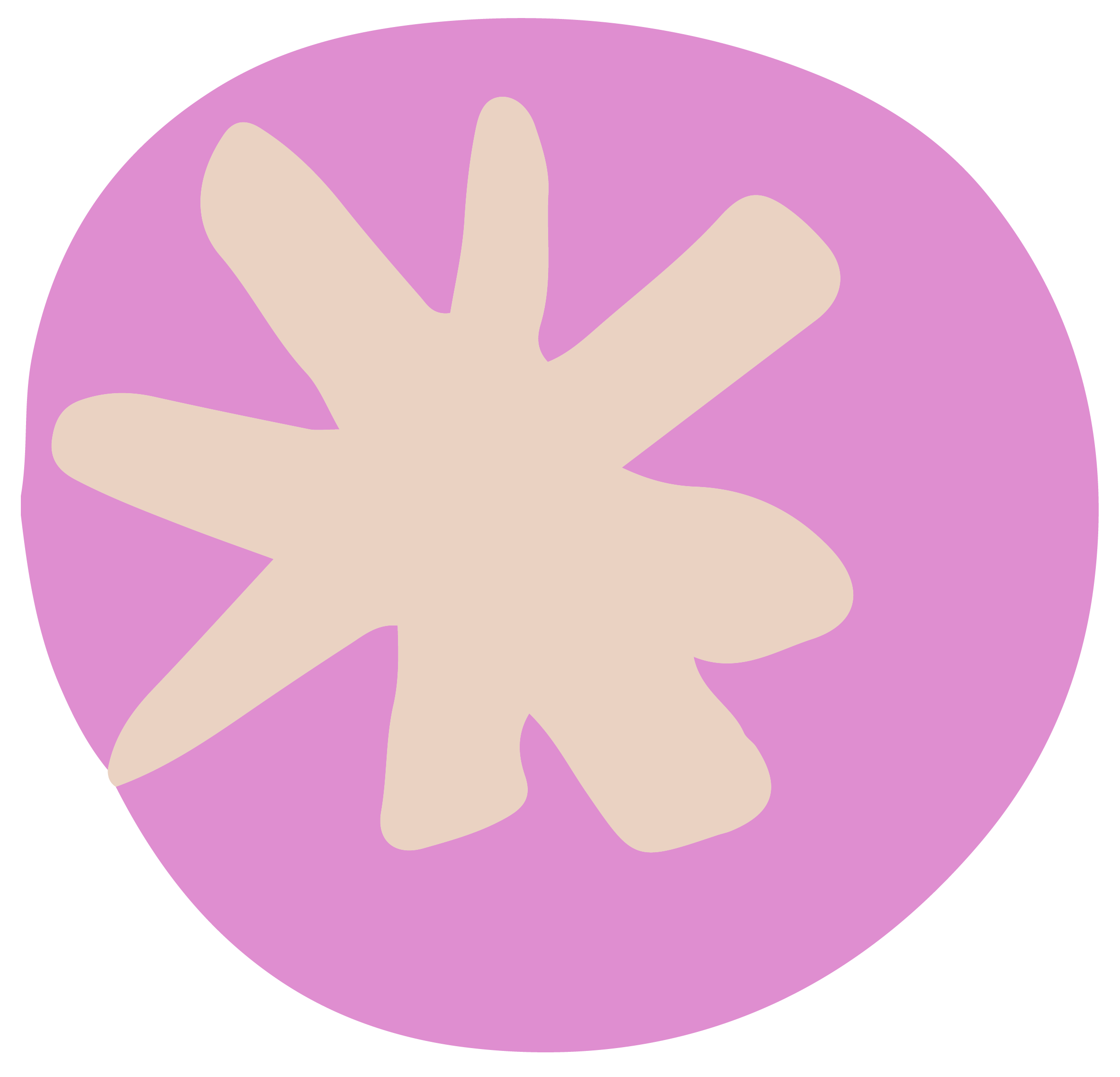 Abstract pink and beige shape resembling a star-like pattern on a purple background.