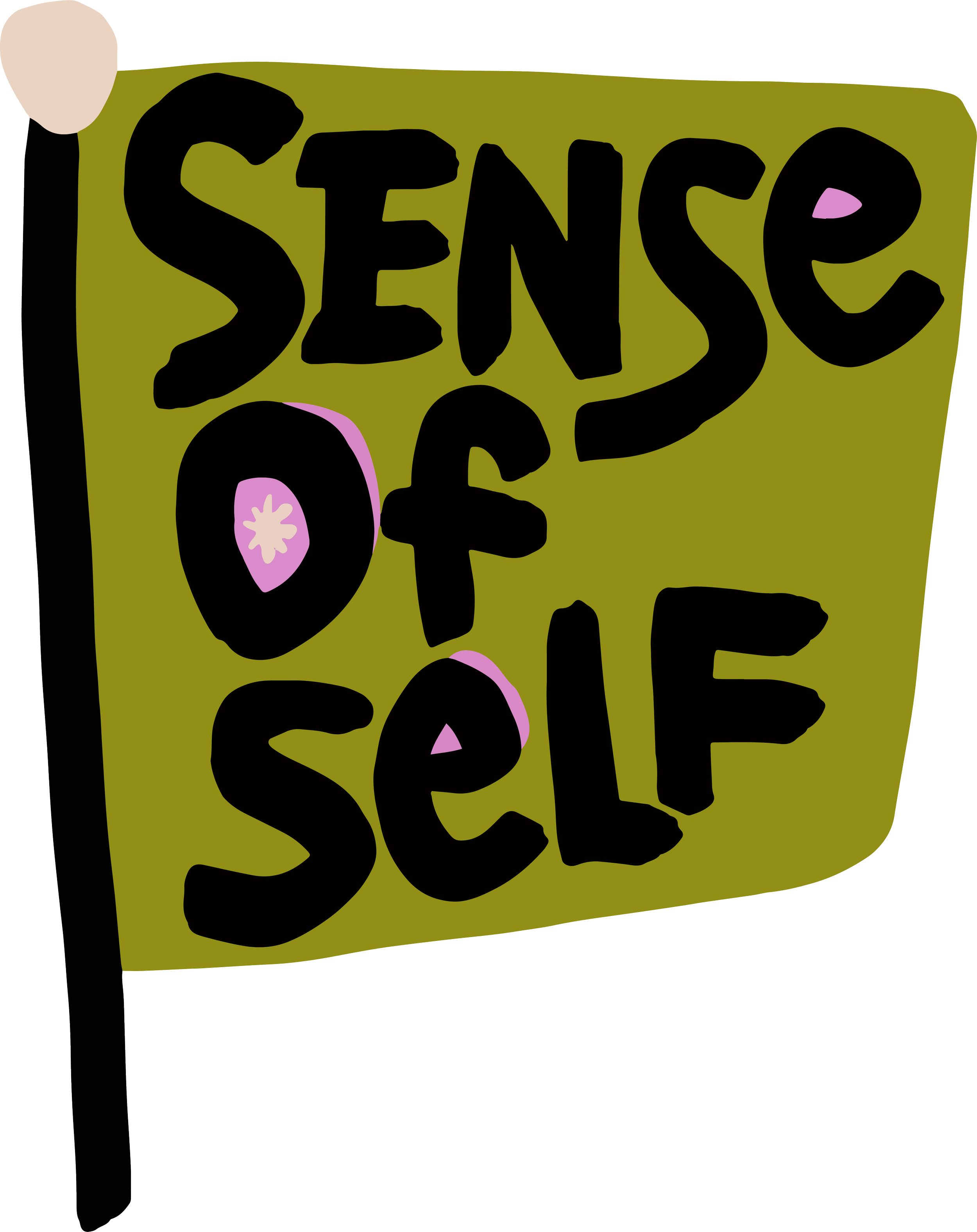 Illustration of a flag with the text 'Sense of Self' in bold black letters on an olive green background, featuring pink accents.