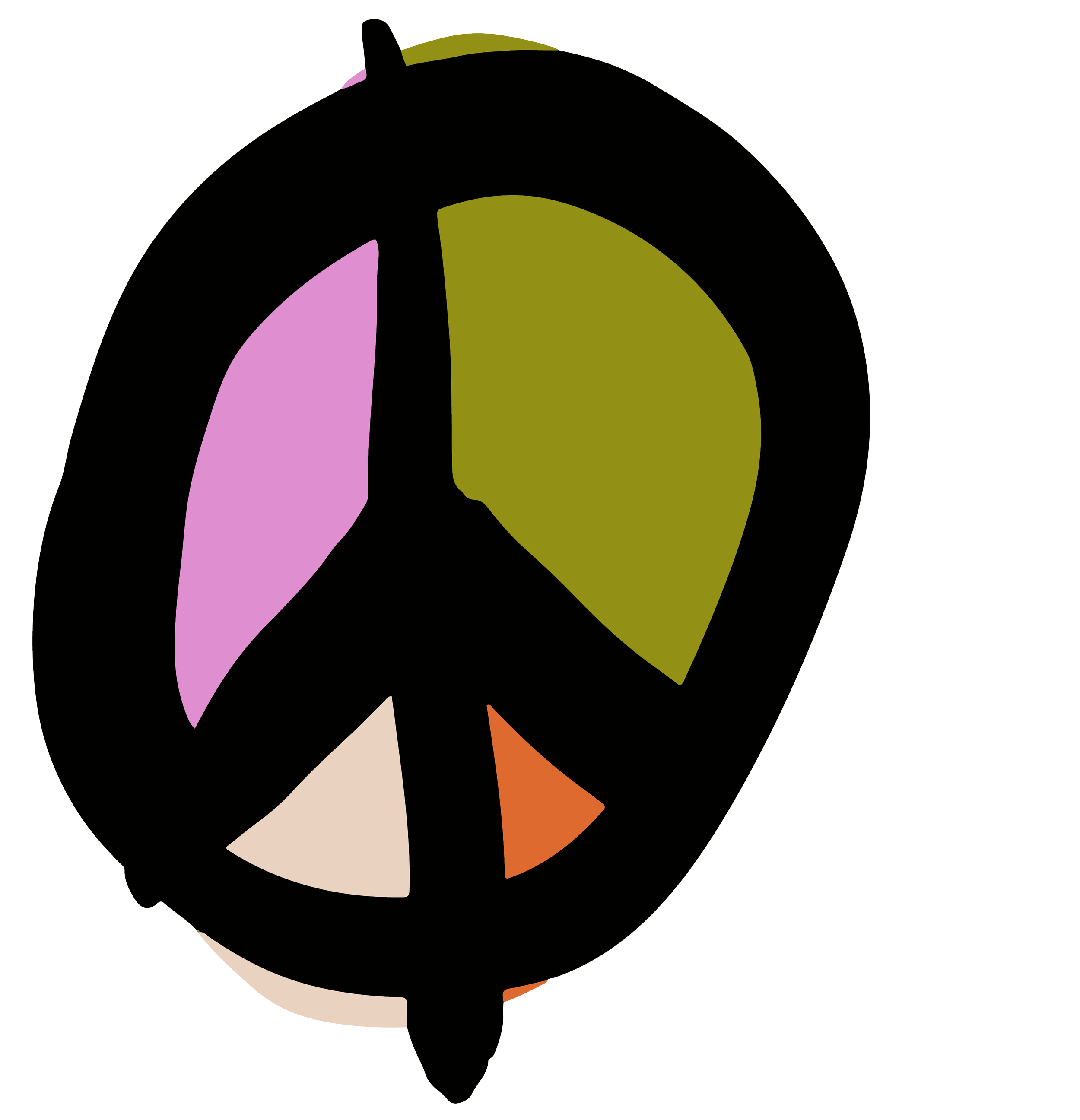 Colorful abstract peace symbol with olive green, pink, orange, and beige segments.