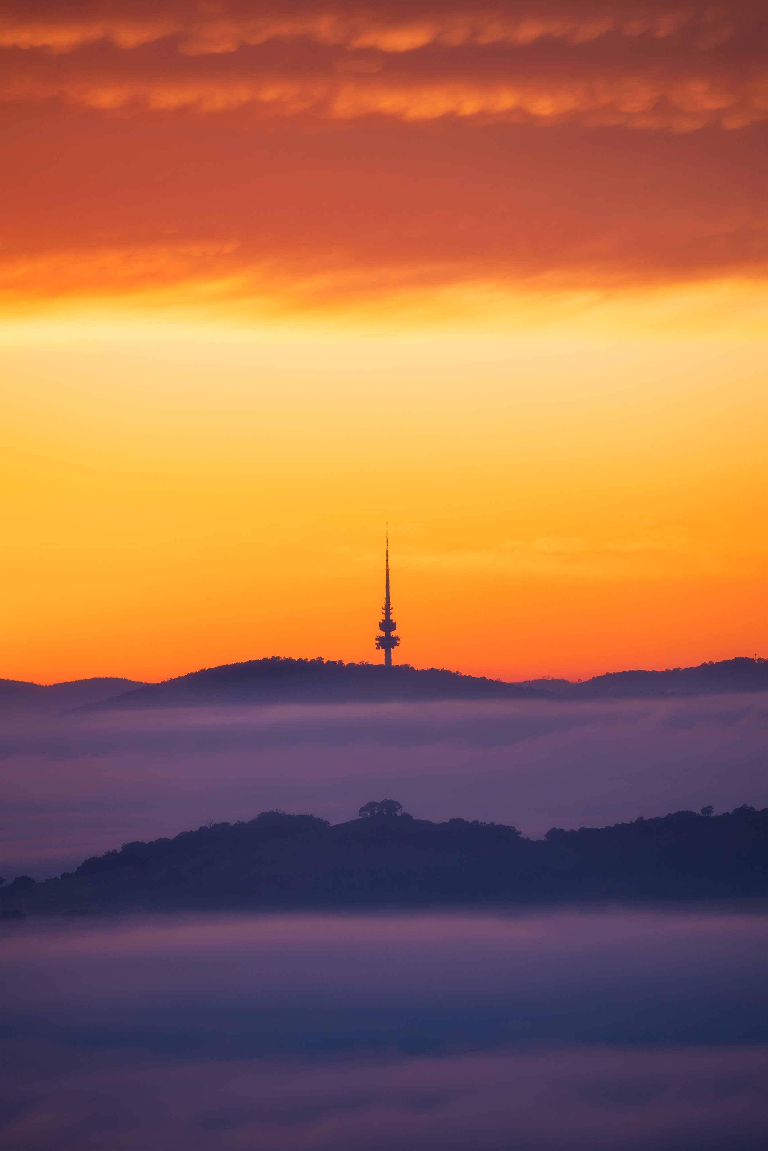 Telstra Tower at Sunrise in Fog