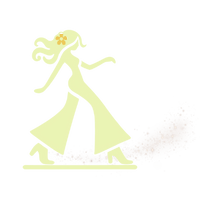 Simple illustration of a woman with long hair walking and kicking up dust, wearing a long dress.