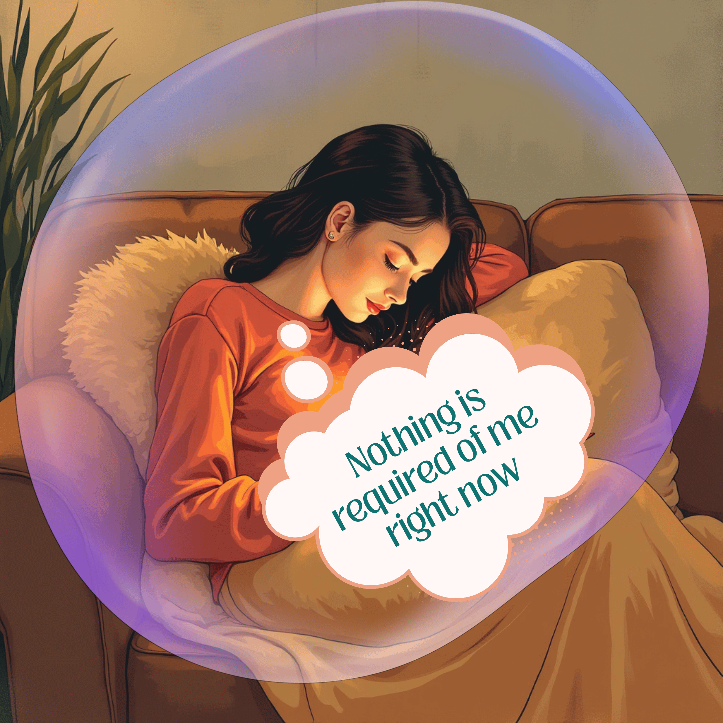 woman in cozy chair thinking "nothing is required of me right now"