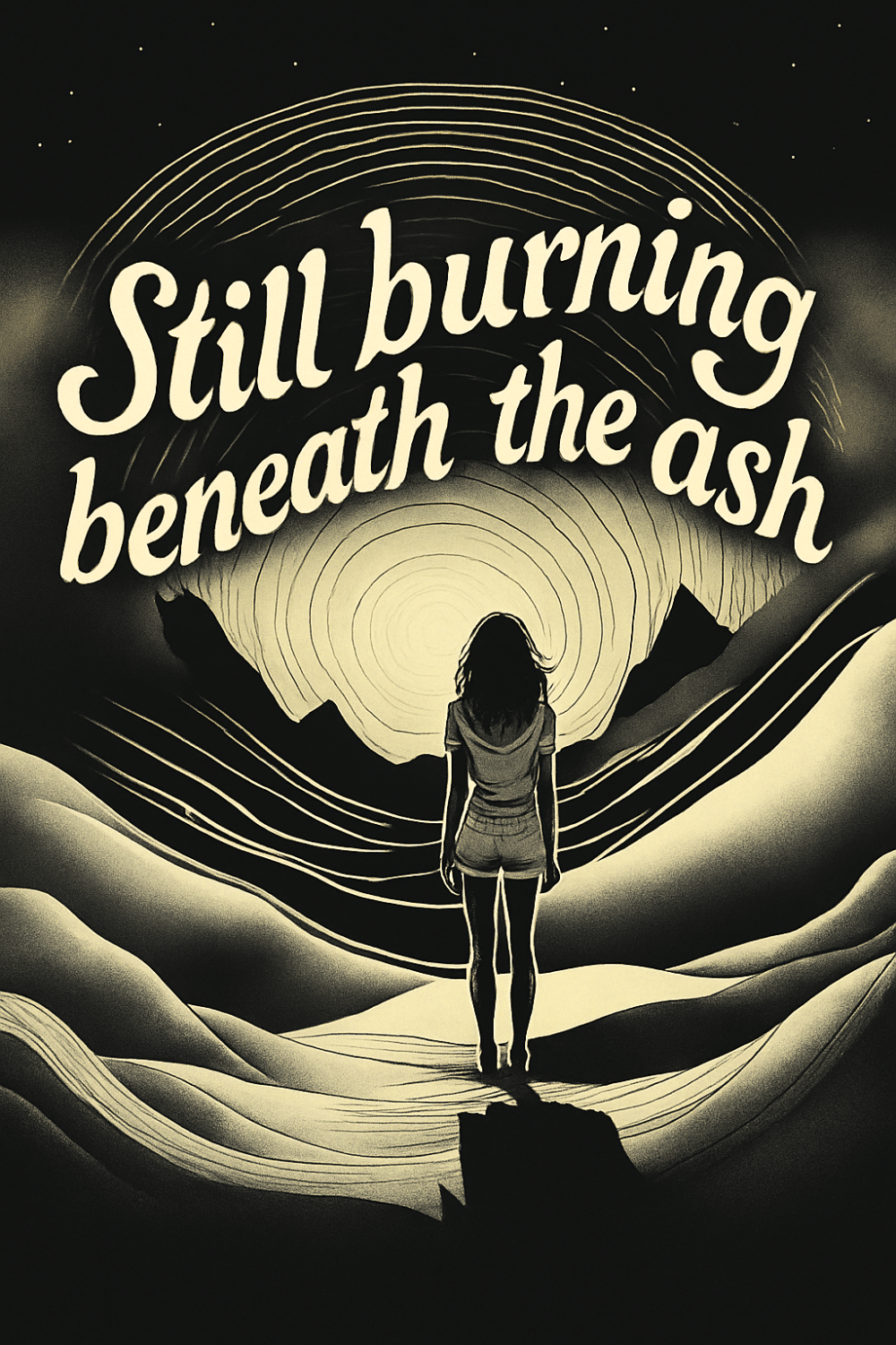 A black and white drawing of a person standing on a hill, looking at a circular landscape with mountain outlines and a large, glowing sun or moon in the background. The scene contains layered lines and the text "Still burning beneath the ash" in large, stylized font.