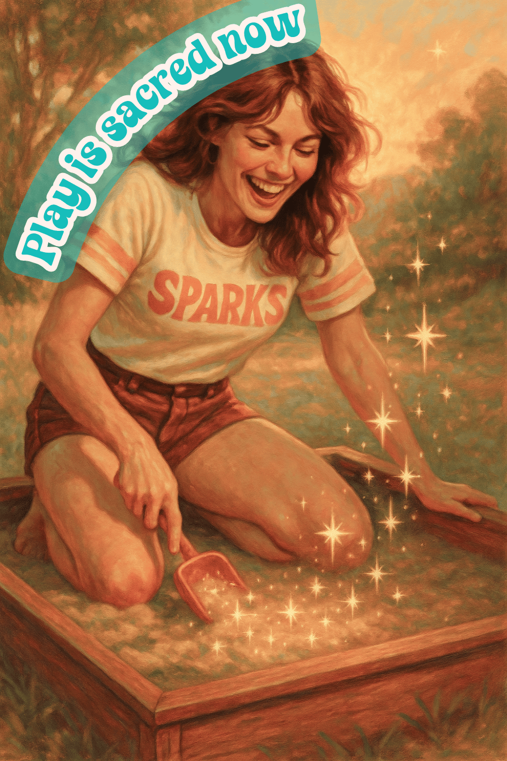 A woman with curly red hair kneeling in a sandbox, smiling and playing with small sparkling stars. She is wearing a cream-colored T-shirt with 'SPARKS' written on it and maroon shorts. There is a rainbow-colored banner with the text 'Play is sacred now' in the upper left corner.