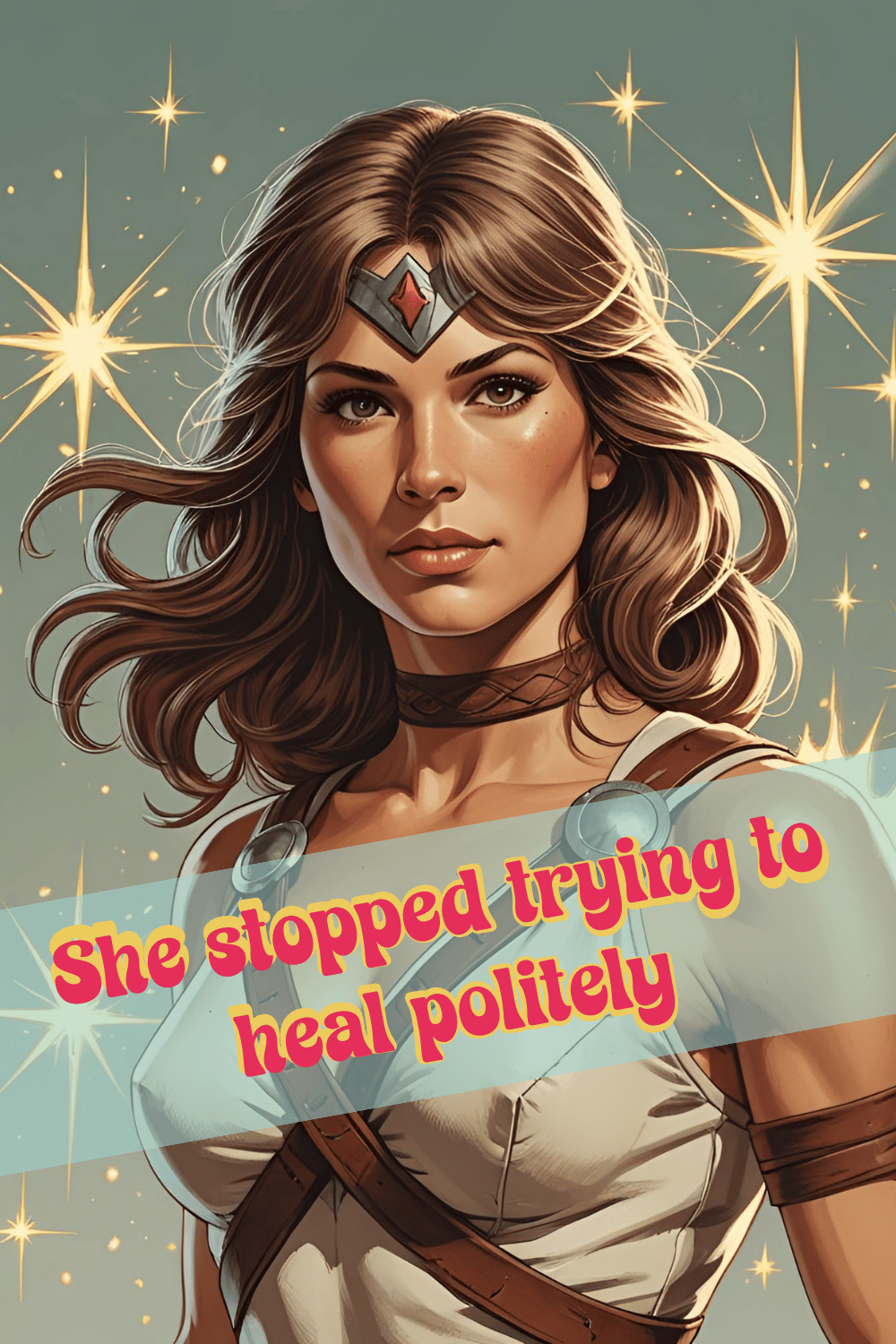 Digital illustration of a woman resembling Wonder Woman with long brown hair, wearing a silver tiara with a red gem, and an outfit with metal accessories, set against a background of glowing stars. Overlaid with the text "She stopped trying to heal politely."