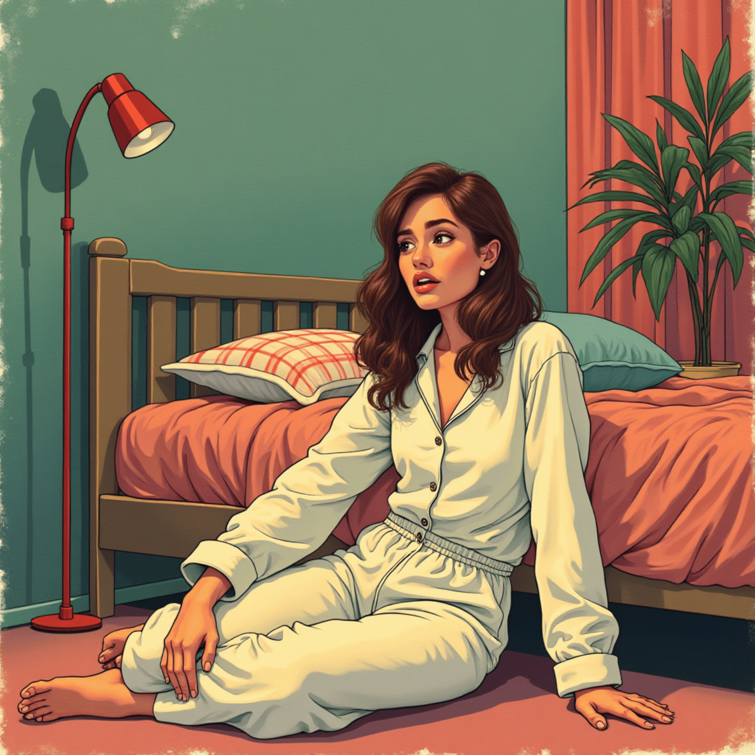 exhausted woman sitting on floor next to her bed