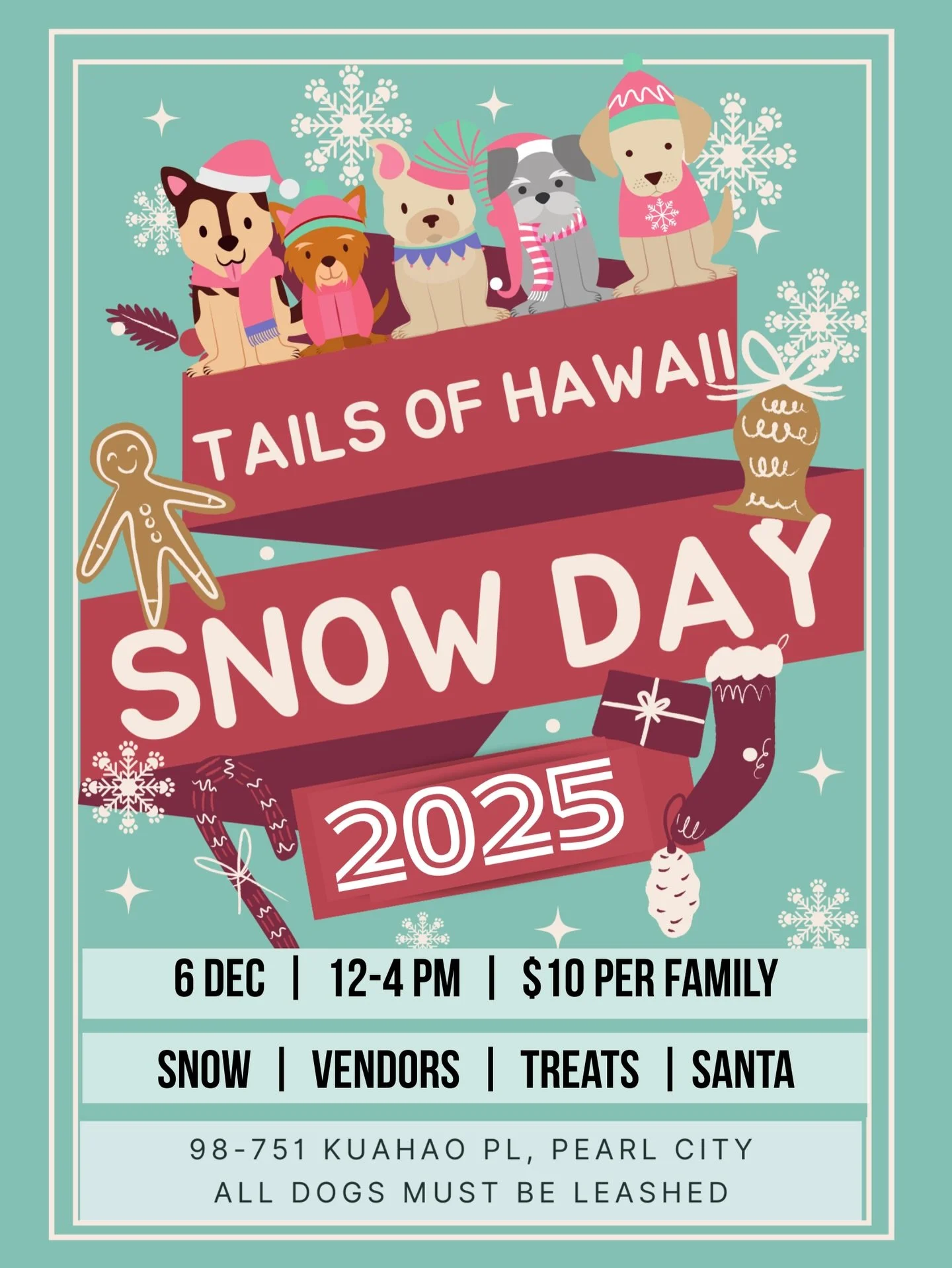 Kupuna Paws will be at Tails of Hawaiʻi this Saturday for Snow Day!
Come stop by, meet our team, and let your pups play in the snow!

We&rsquo;re bringing festive pup outfits and leis 💚❤️ and every item you buy goes right back into helping Kupuna Pa