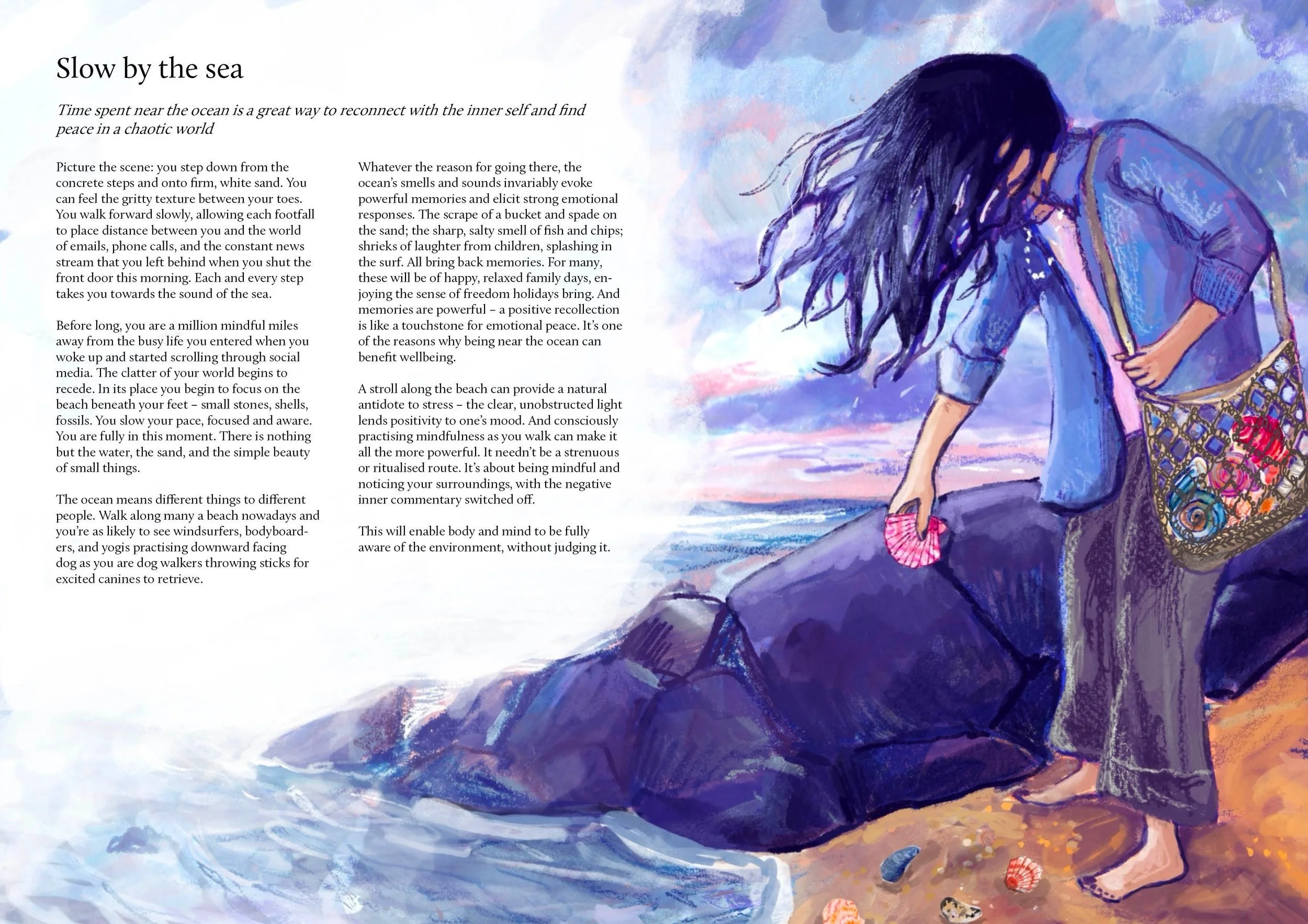 Speculative Editorial Illustration for Breathe Magazine featuring 'Slow by the Sea' by Wendy Pratt (Breathe Australia, 2020)