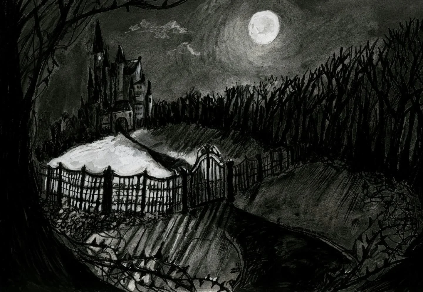 Sharing some of my final work from last semester!
~ A2 charcoal &amp; gouache gothic scene based on the setting of Angela Carter's 'The Lady of The House of Love' ~ 🖤🤍

#charcoaldrawing #gothic #angelacarter #thebloodychamber #gouache #fantasyillus