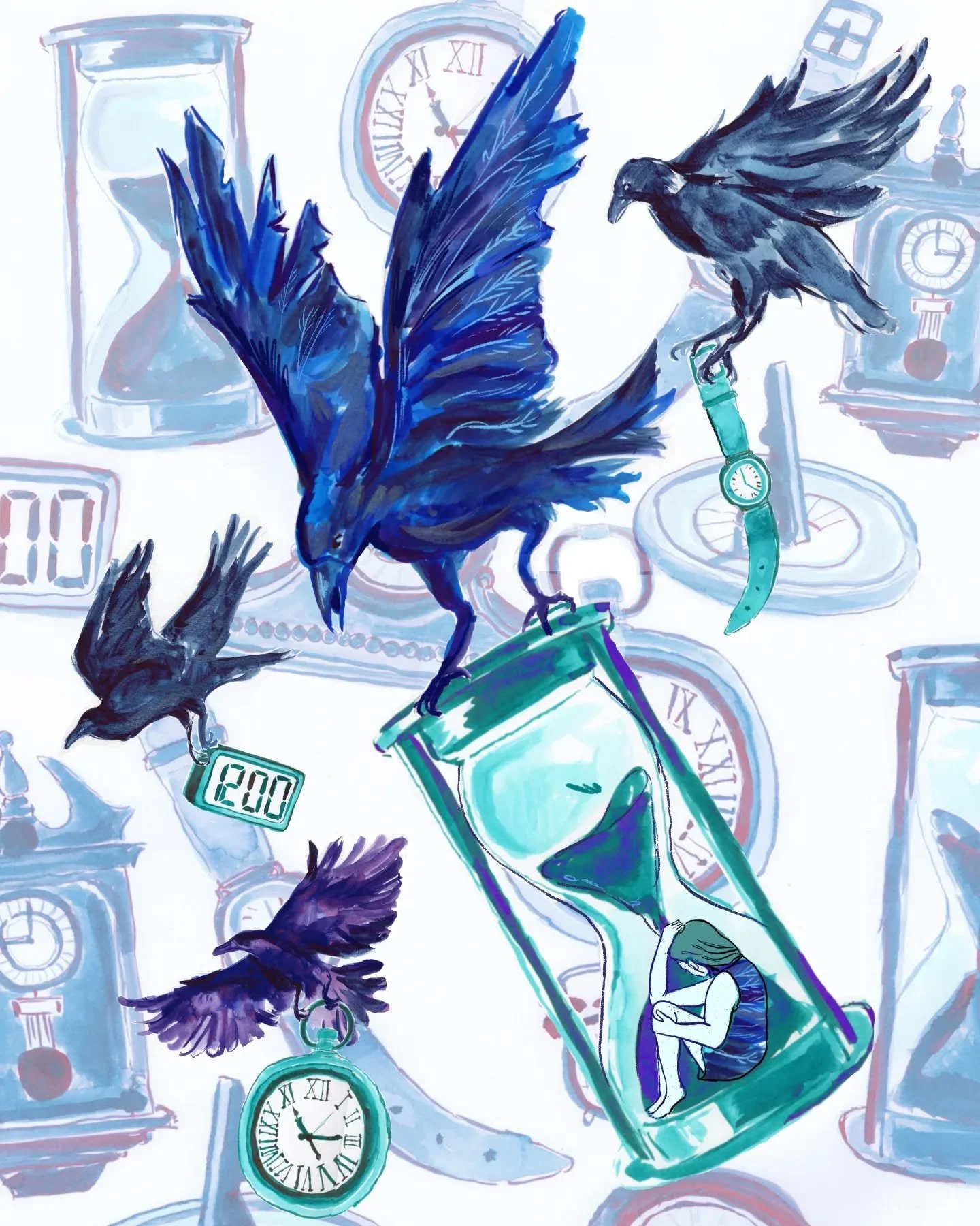 'Time Flies' ~ editorial brief to start this semester ⏳️ 
○
○
○
#editorialillustration #timeflies #gouacheillustration #procreateillustration
#mixedmedia