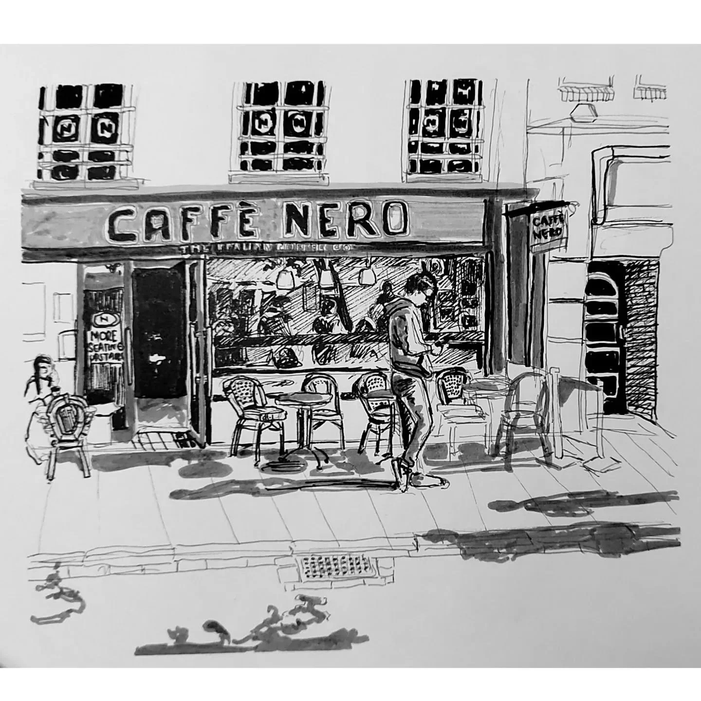Some tonal studies of public places from this week - definitely getting used to awkward eye contact with random people whilst drawing them 👍

#tone #tonalstudies #publicsketching #csaillustration #cafeillustration