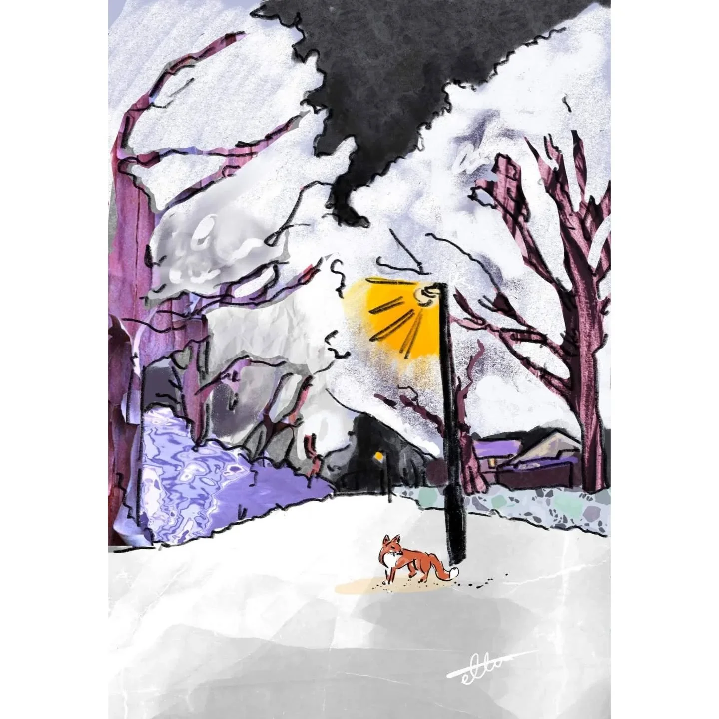 Textured story scene inspired by a photo I took nearly 2 years ago when I went out after 4 weeks of covid isolation in the snow ❄️

#snowyscene #illustration #procreate #texture #storyillustration #digitalart