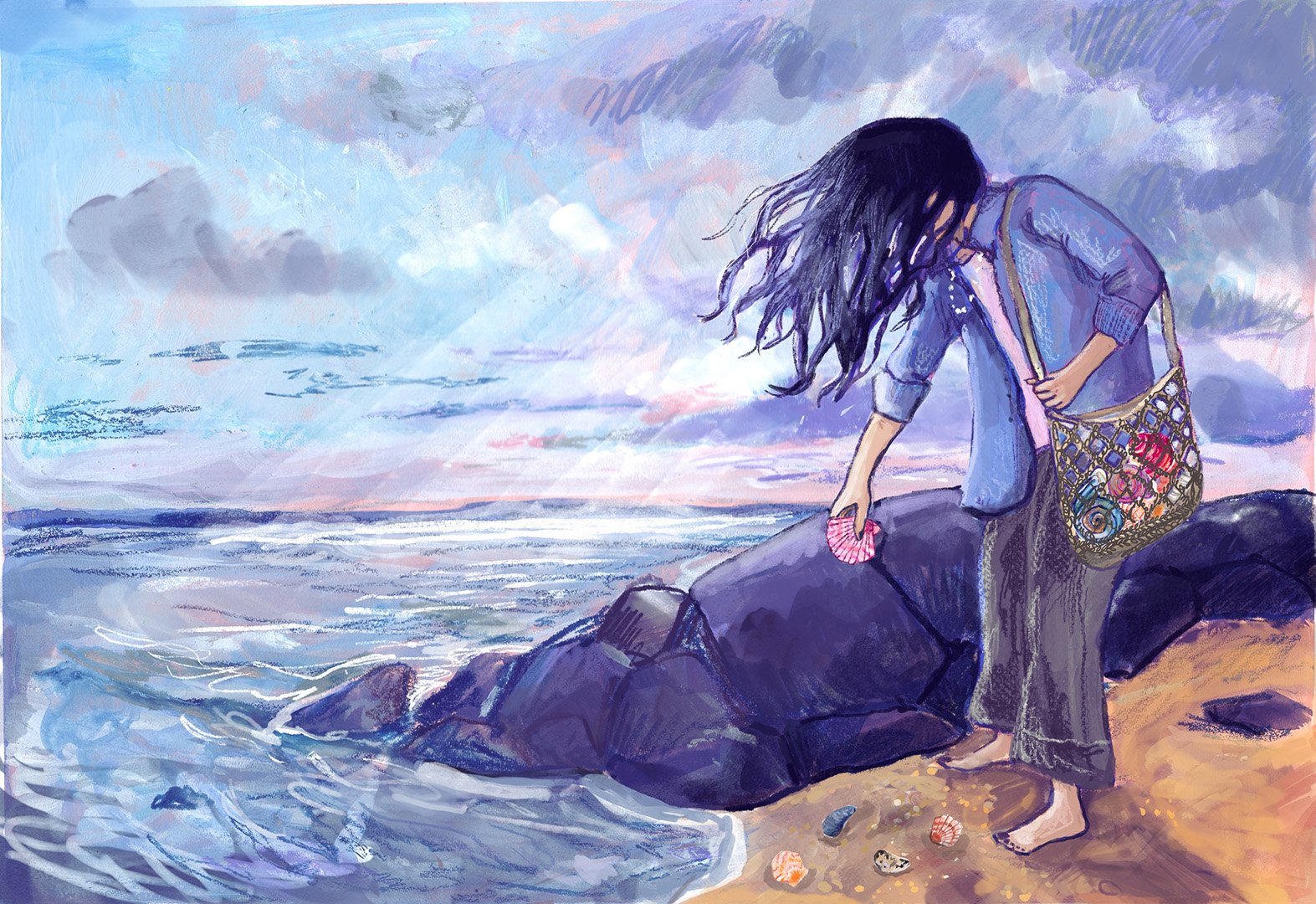 Gouache and Digital Illustration depicting beachcombing for a speculative Editorial brief using Breathe Magazine's 'Slow by the Sea' article by Wendy Pratt.