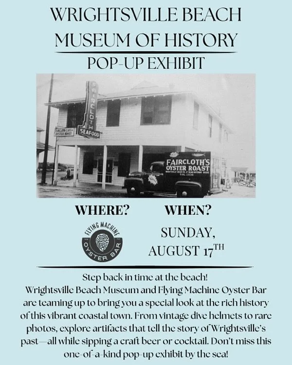 Two weeks away: @museumwrightsvillebeach pop-up exhibit at the Oyster Bar! Step back into time at the beach and explore the rich history of our amazing little coastal town. Mark your calendars for August 17th. More details to come!

#flyingmachine #o