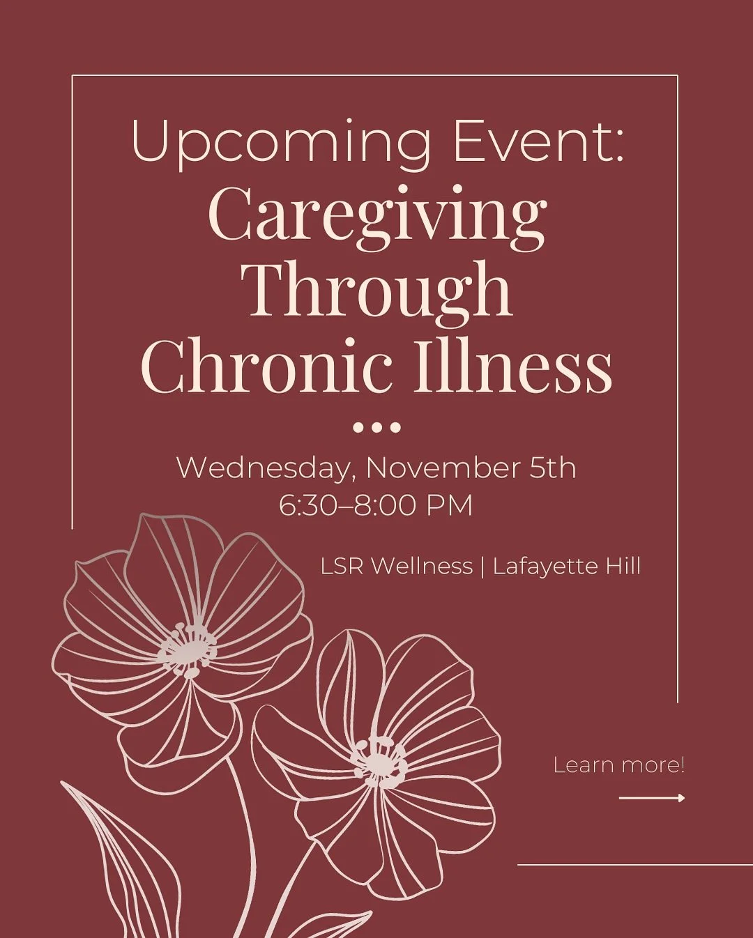 Join us for a meaningful evening at LSR Wellness as we host Caregiving Through Chronic Illness: Building and Preserving Memories.
Together with Dr. Dina Yazmajian of Jefferson Palliative Care & Hospice and Michelle Narin and Julie Colton of Plac