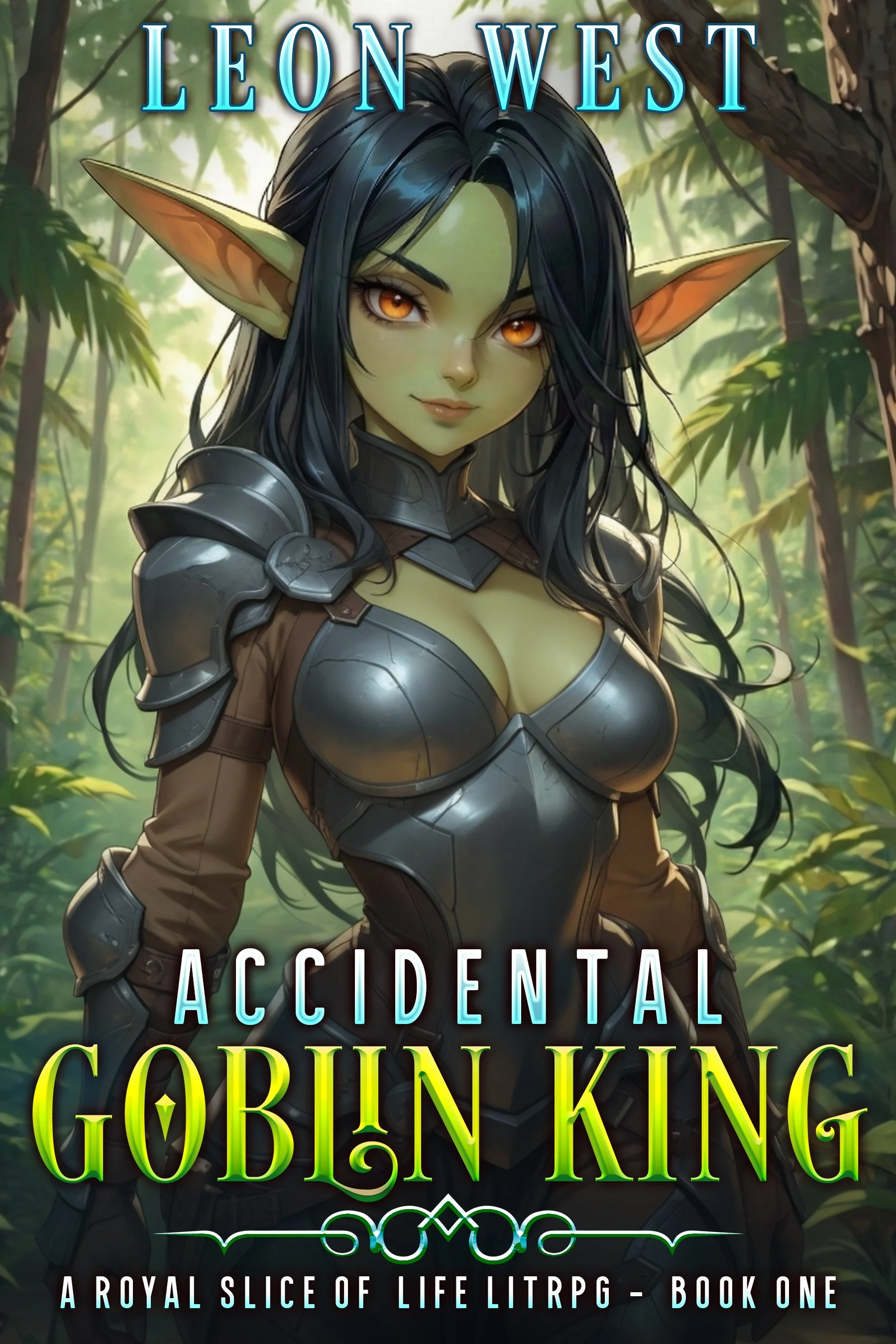 Digital illustration of a fantasy character with goblin features, black hair, yellow eyes, wearing armor with shoulder pads, set against a lush, tropical jungle background. The image is a book cover titled 'Accidental Goblin King' by Leon West.