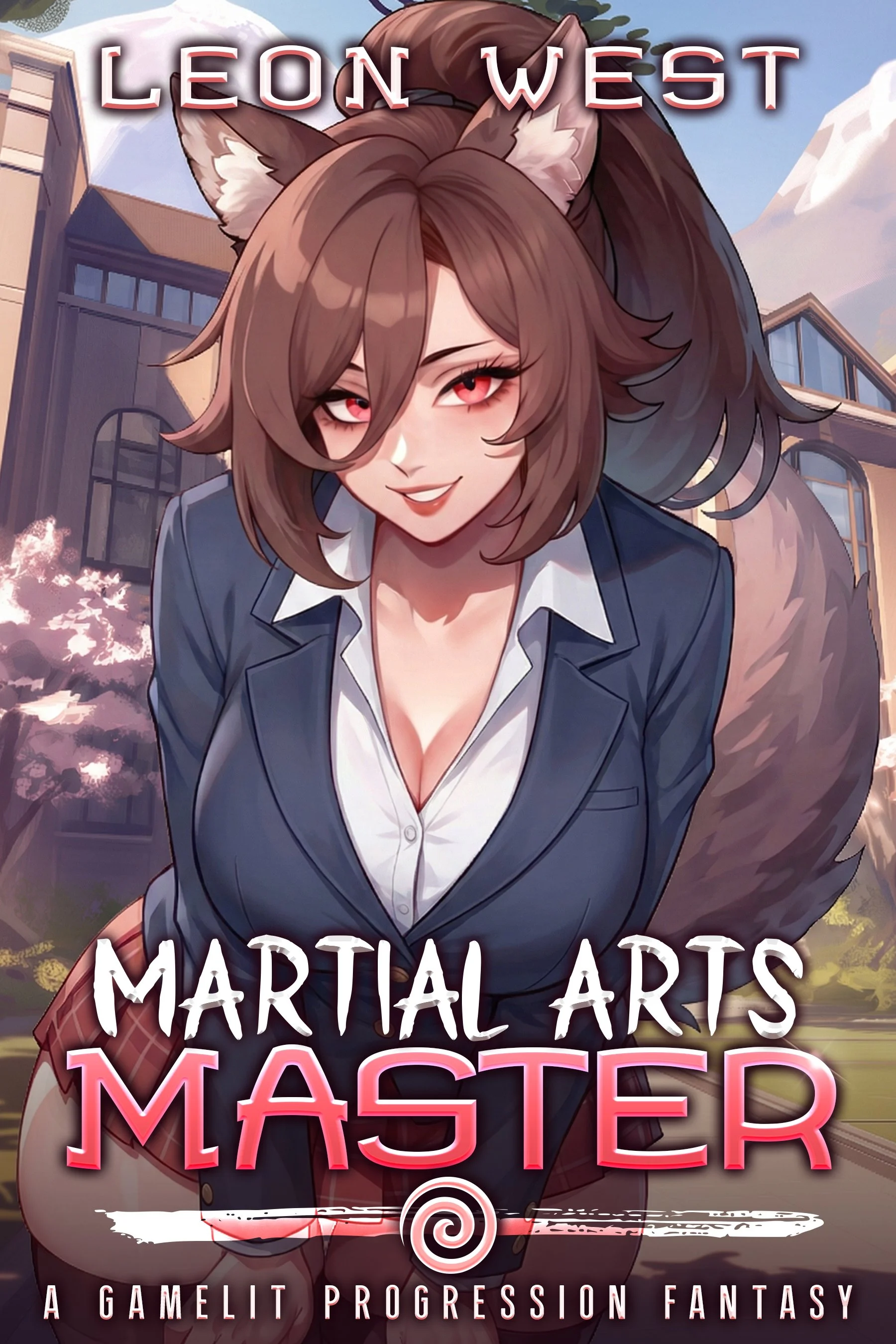 An anime-style character with fox ears and a tail, wearing a white shirt and a plaid skirt, standing outdoors in front of a building with cherry blossoms. The character has brown hair and red eyes, and the text on the image says "Leon West", "Martial Arts Master", and "An Academy Progression Fantasy."