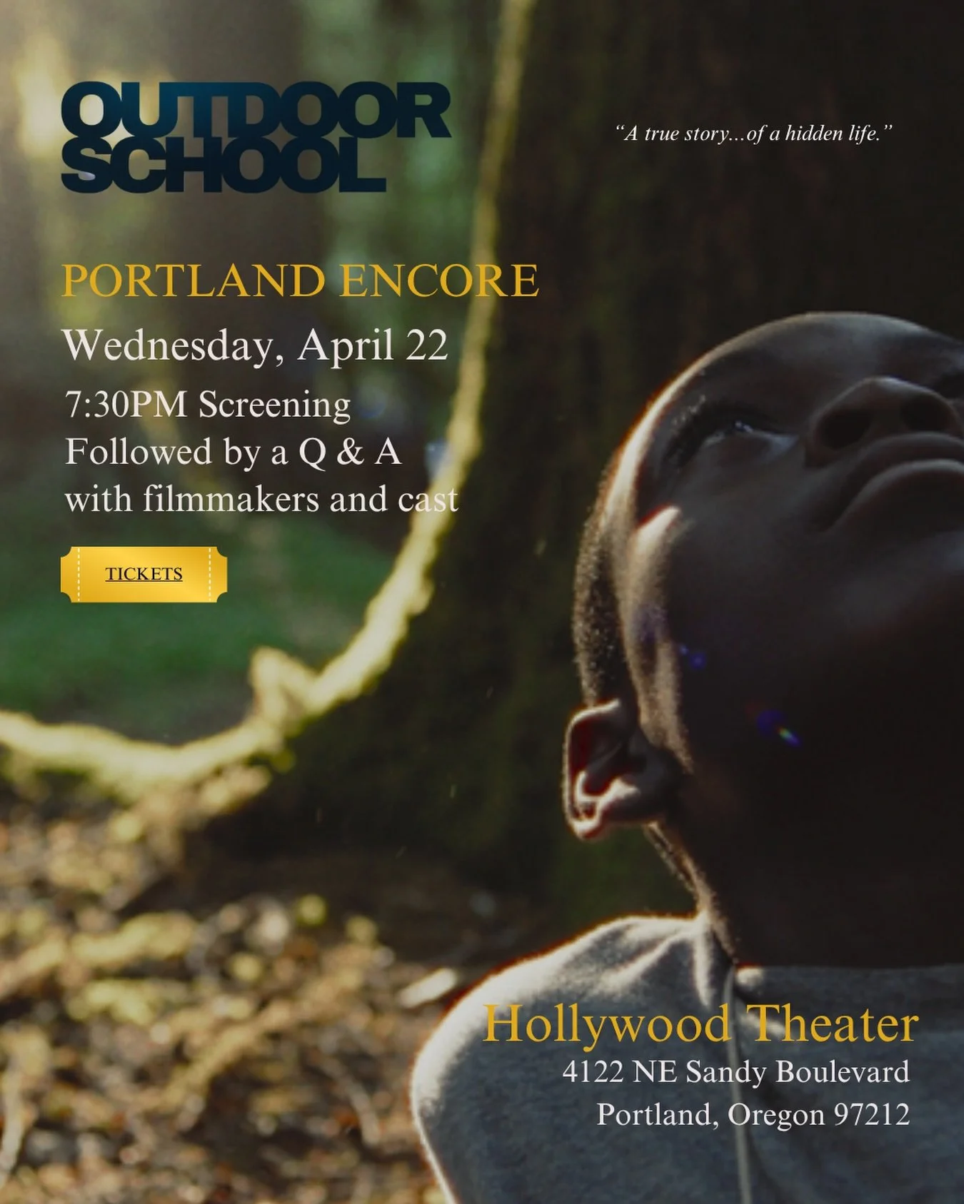 April 22nd screening tix now available.  Link in Bio.  Thank you all so much for the love.  Filmmaker and cast Q &amp;A after screening.  https://outdoorschool.eventive.org/schedule/69bd82957a0bc7037d27a404