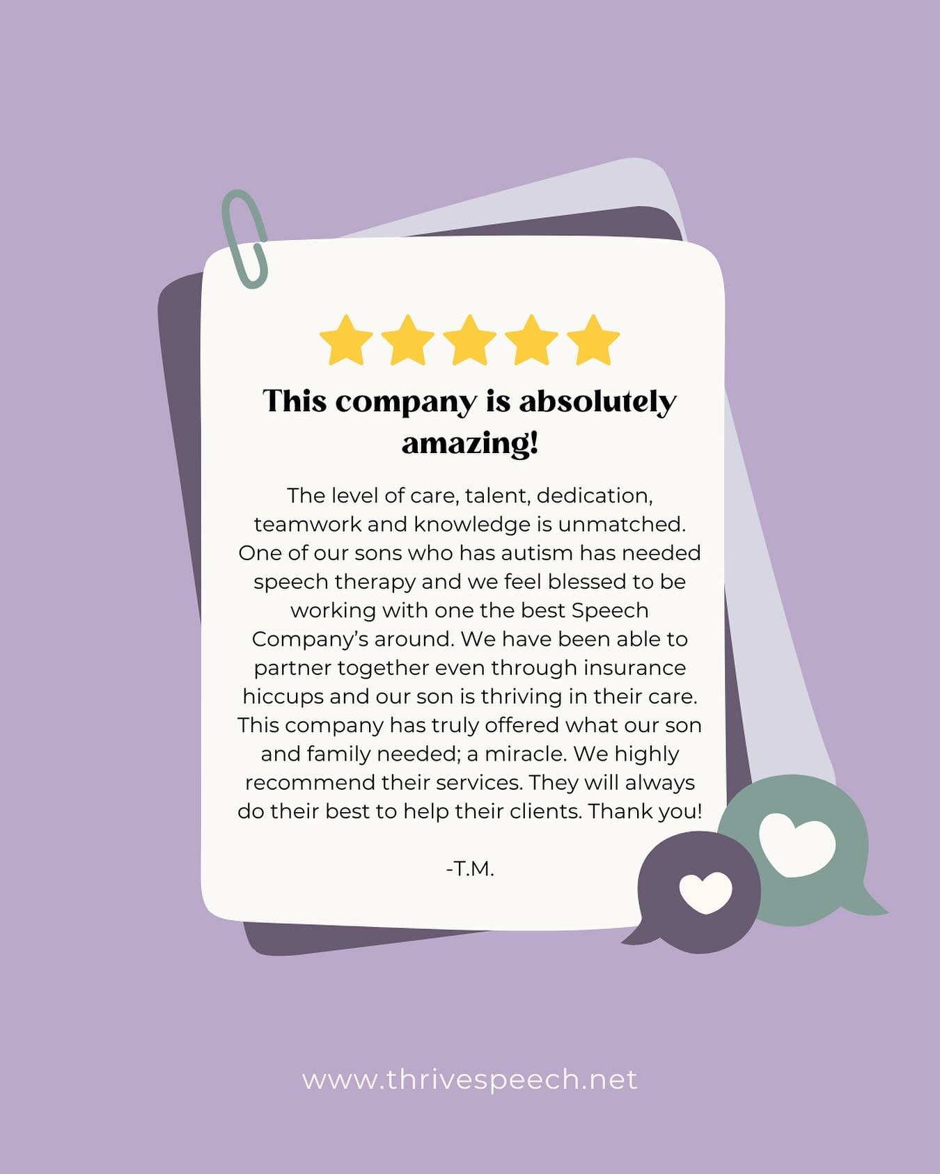 This kind of feedback reminds us why we do what we do 💜

Every child is different, and seeing them grow with the right support? It never gets old.

We&rsquo;re honored to be part of so many families&rsquo; journeys!

#SpeechTherapyForKids #Pediatric