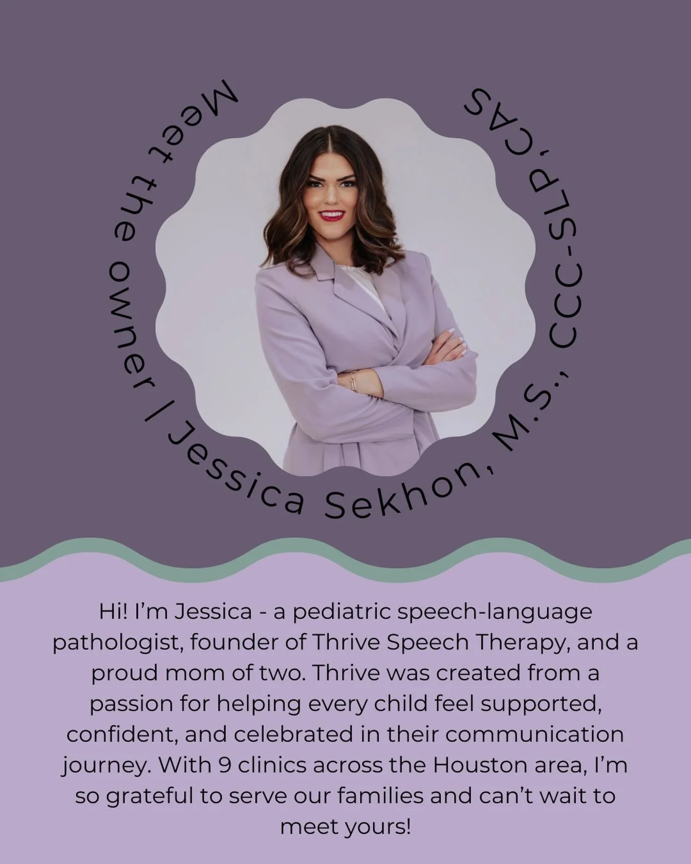 Behind this practice is a mom who truly gets it.

Someone who knows therapy should feel encouraging, supportive, and never overwhelming.

Jessica&rsquo;s heart is in every detail at Thrive, and we can&rsquo;t wait for you to experience that for yours