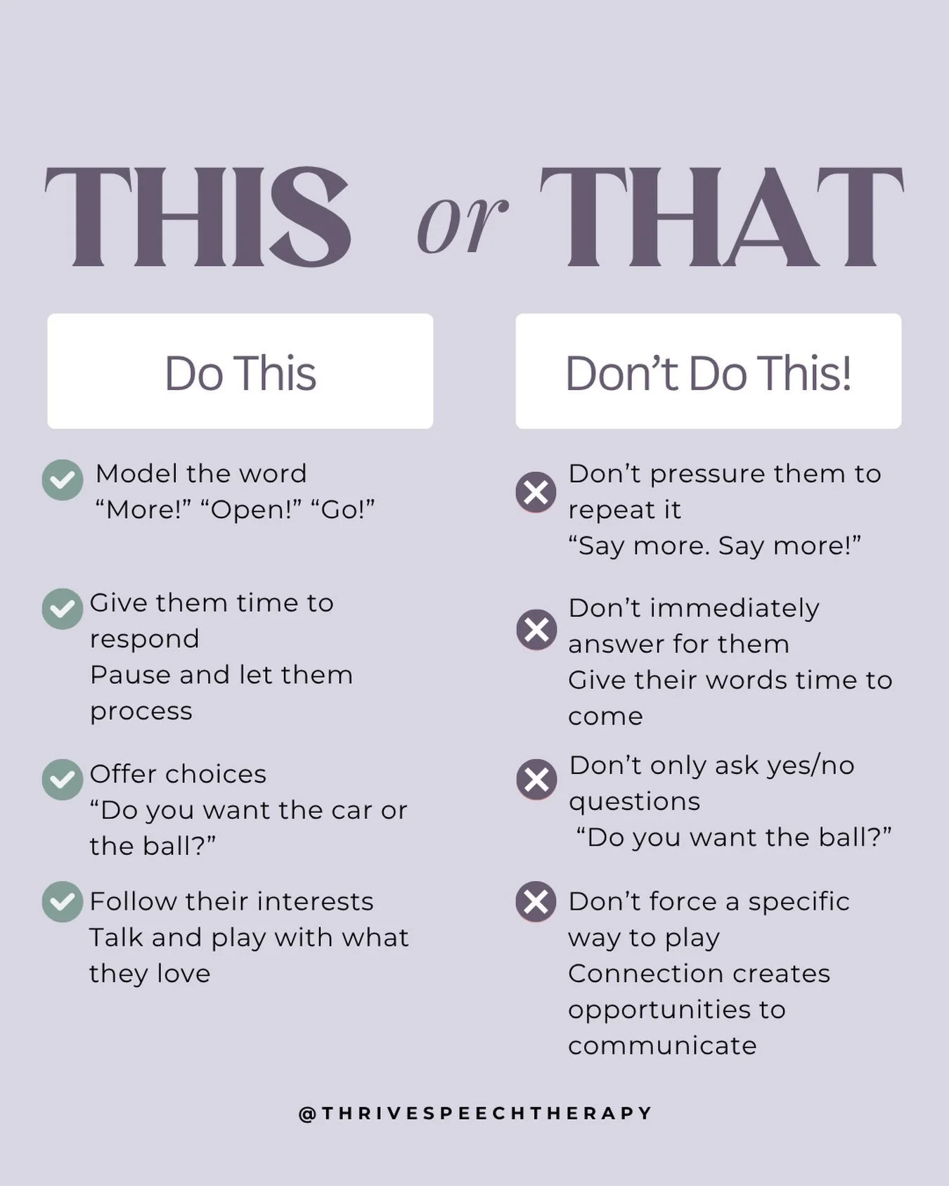 Small changes can create more opportunities for communication! 

What to do: 
Model the words. Give them time. Offer choices. Follow their lead.

Communication grows when kids feel supported, engaged, and heard. 

Save this for the next time you&rsqu