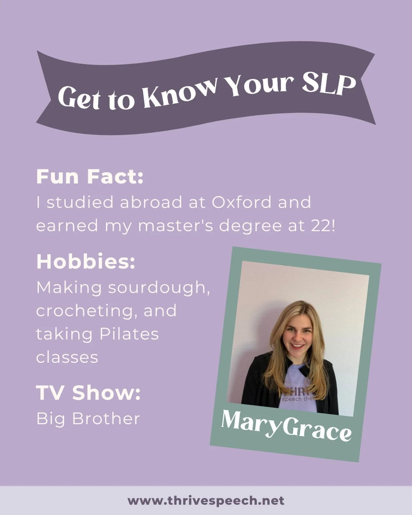 Meet one of the amazing clinicians behind our Tomball clinic! 💜

As the Clinical Director of our Tomball clinic, MaryGrace has experience in a variety of specialty areas, including Gestalt Language Processing (GLP), AAC, feeding therapy, and pediatr