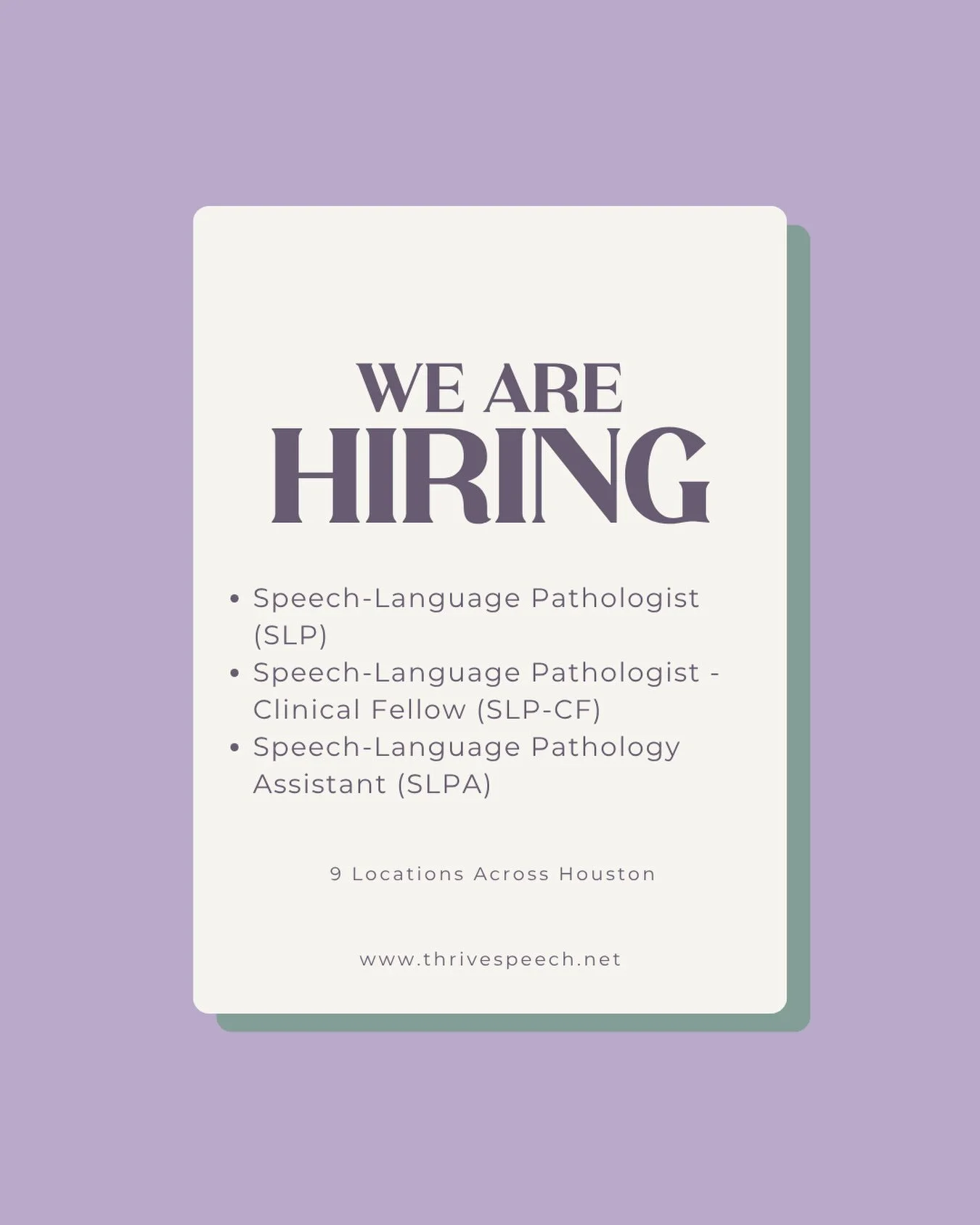 Thrive Speech Therapy is hiring SLPs, SLP-CFs, and SLPAs to join our team across our Houston-area clinics!

If you&rsquo;re looking for a supportive team, a collaborative environment, and the opportunity to make a difference in the lives of children 