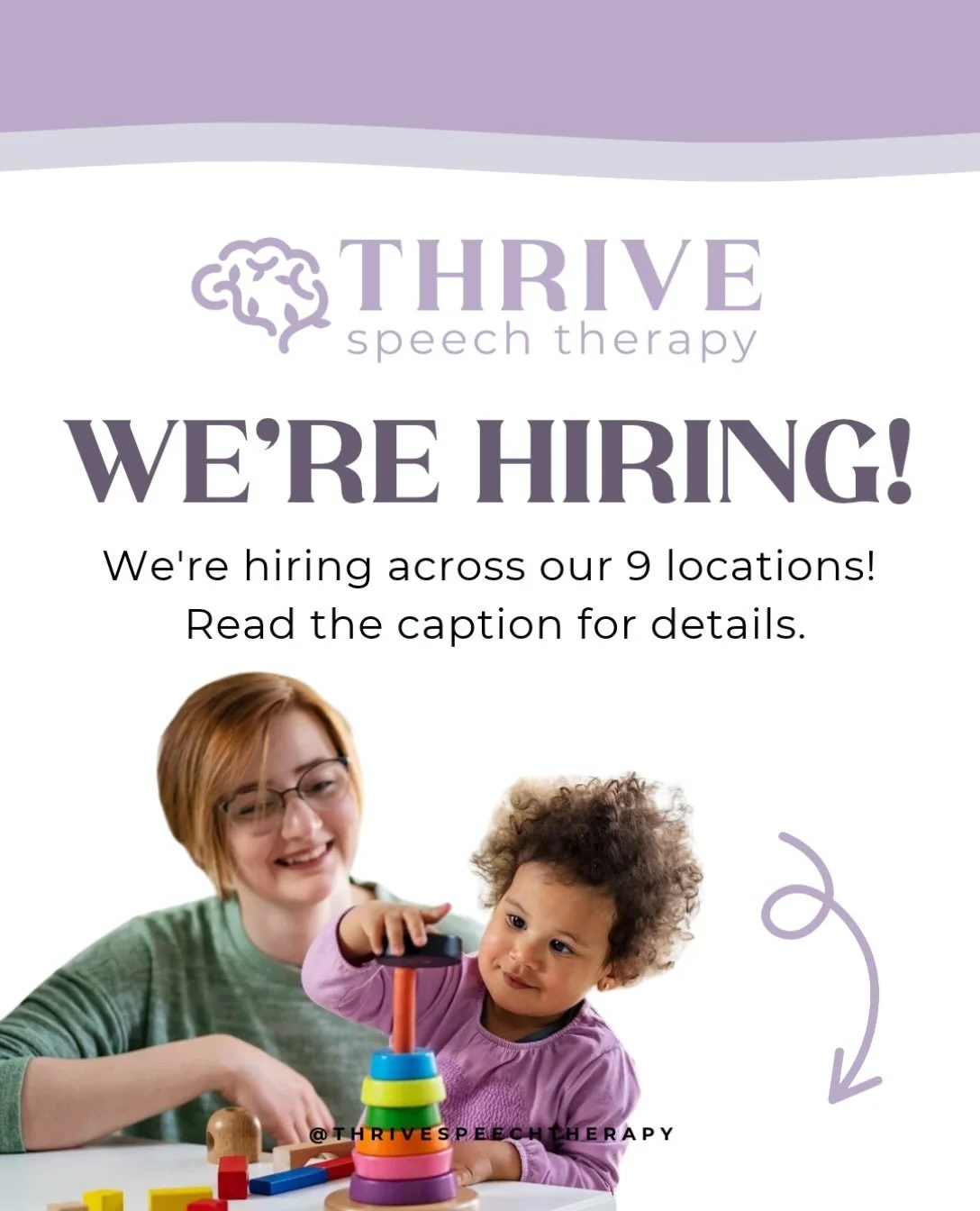 We&rsquo;re hiring! 💜 Join the Thrive Speech Therapy team!

We have a passionate, supportive team with multiple openings across our clinics, and we would love for you to join us! 

📍 Current Openings:

Cypress
&bull; SLP
&bull; SLPA
&bull; SLP-CF

