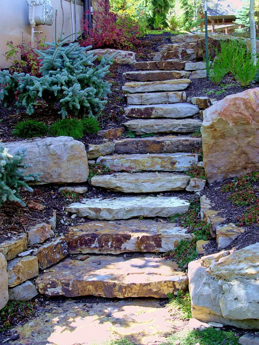 Stone staircase in a garden surrounded by plants and rocks, leading uphill.