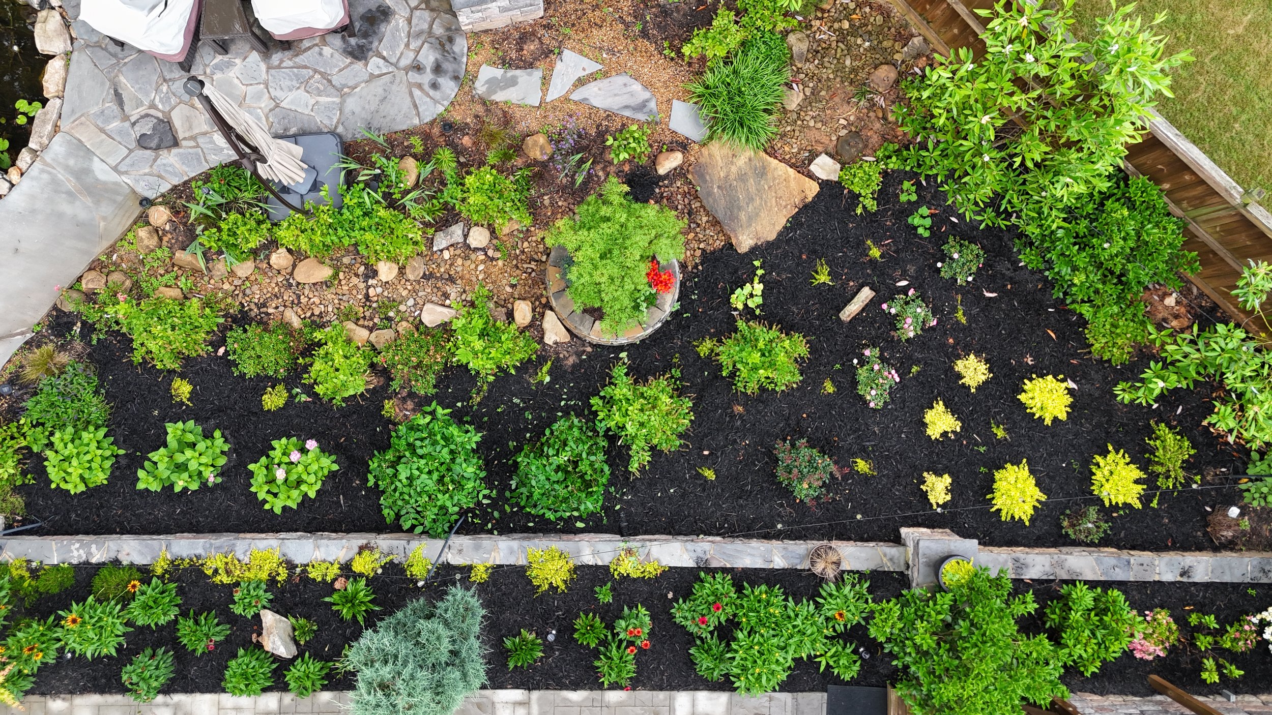 An aerial view of a garden featuring a variety of green plants, small shrubs, colorful flowers, mulched areas, a stone pathway, and a patio with a closed umbrella.
