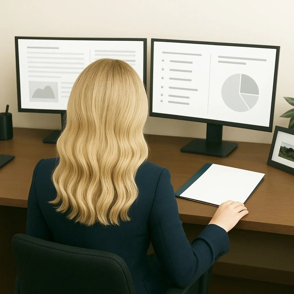 Advocate reviewing case files at desk with dual monitors