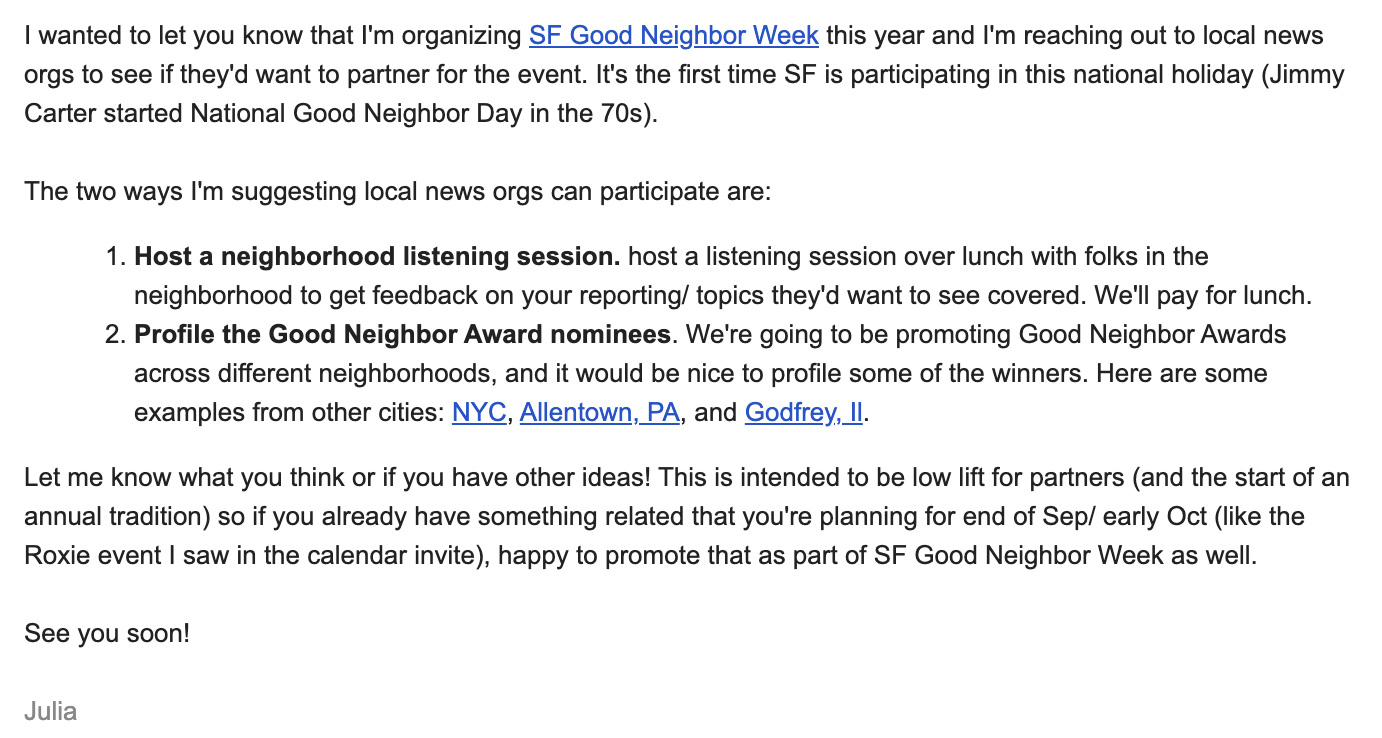 First email to local newsroom leaders