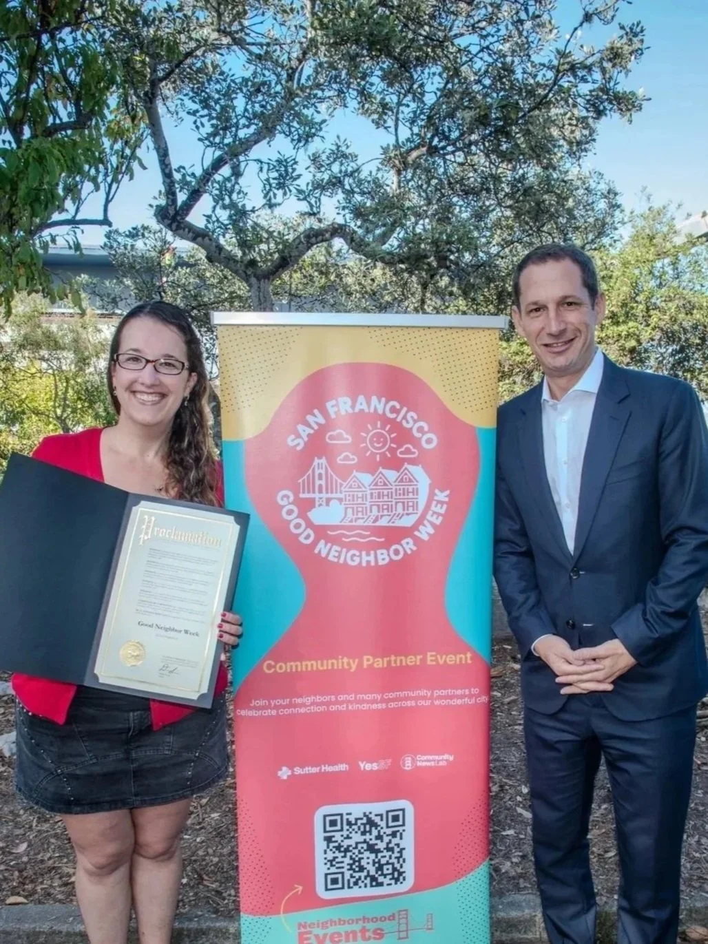 Julia and Mayor Daniel Lurie at the Proclamation for SF Good Neighbor Week!