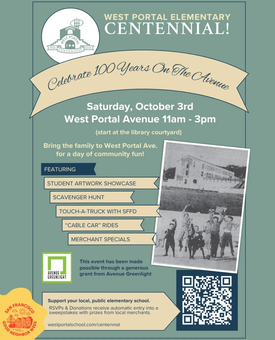 So fun that West Portal Elementary School is celebrating its 💯Centennial during @sfgoodneighborweek this year! It&rsquo;s gonna be a wonderful family-friendly event in partnership with @westportalsf, @sfpubliclibrary, @resilientwp, and @sfmta_muni. 